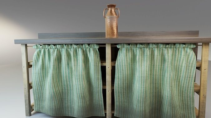 Rustic wooden counter shelves with curtain Low-poly 3D model