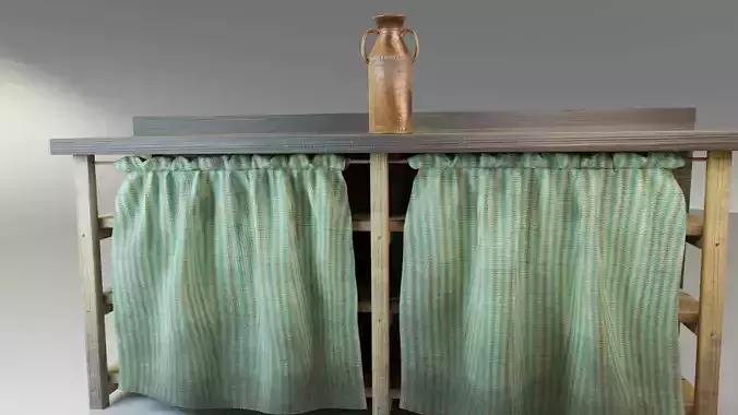 Rustic wooden counter shelves with curtain Low-poly 3D model