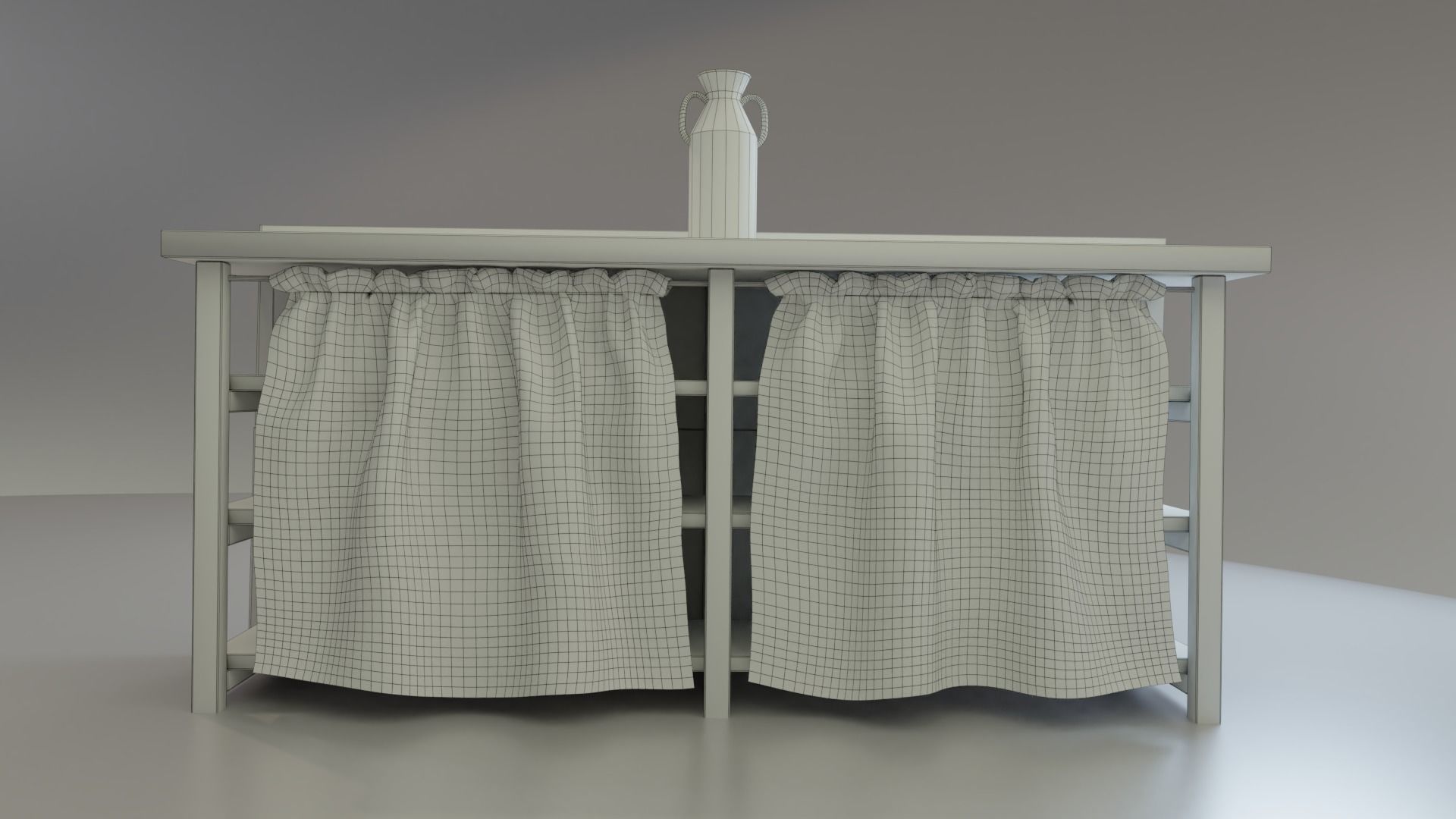 Rustic wooden counter shelves with curtain Low-poly 3D model_4