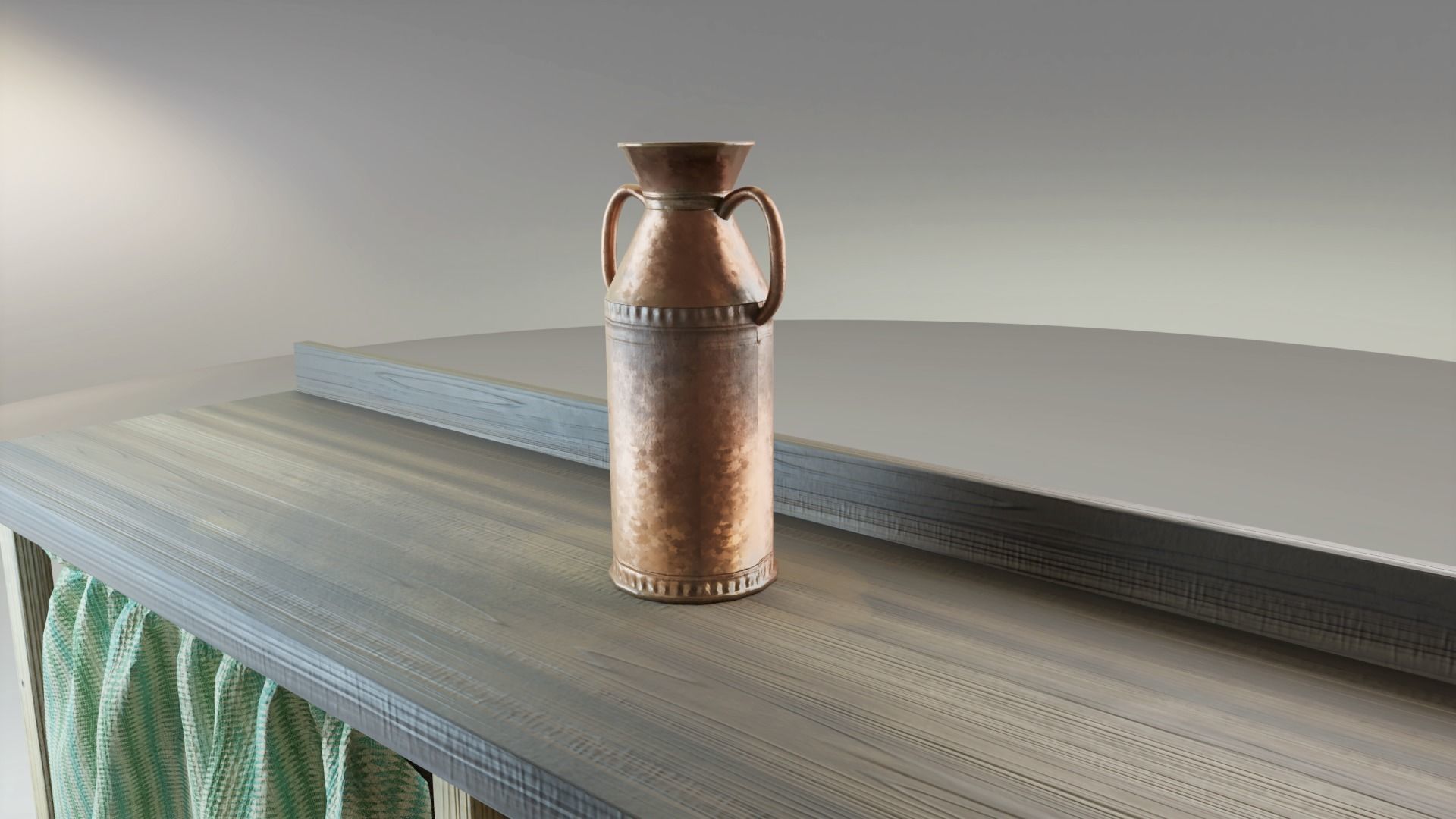 Rustic wooden counter shelves with curtain Low-poly 3D model_2