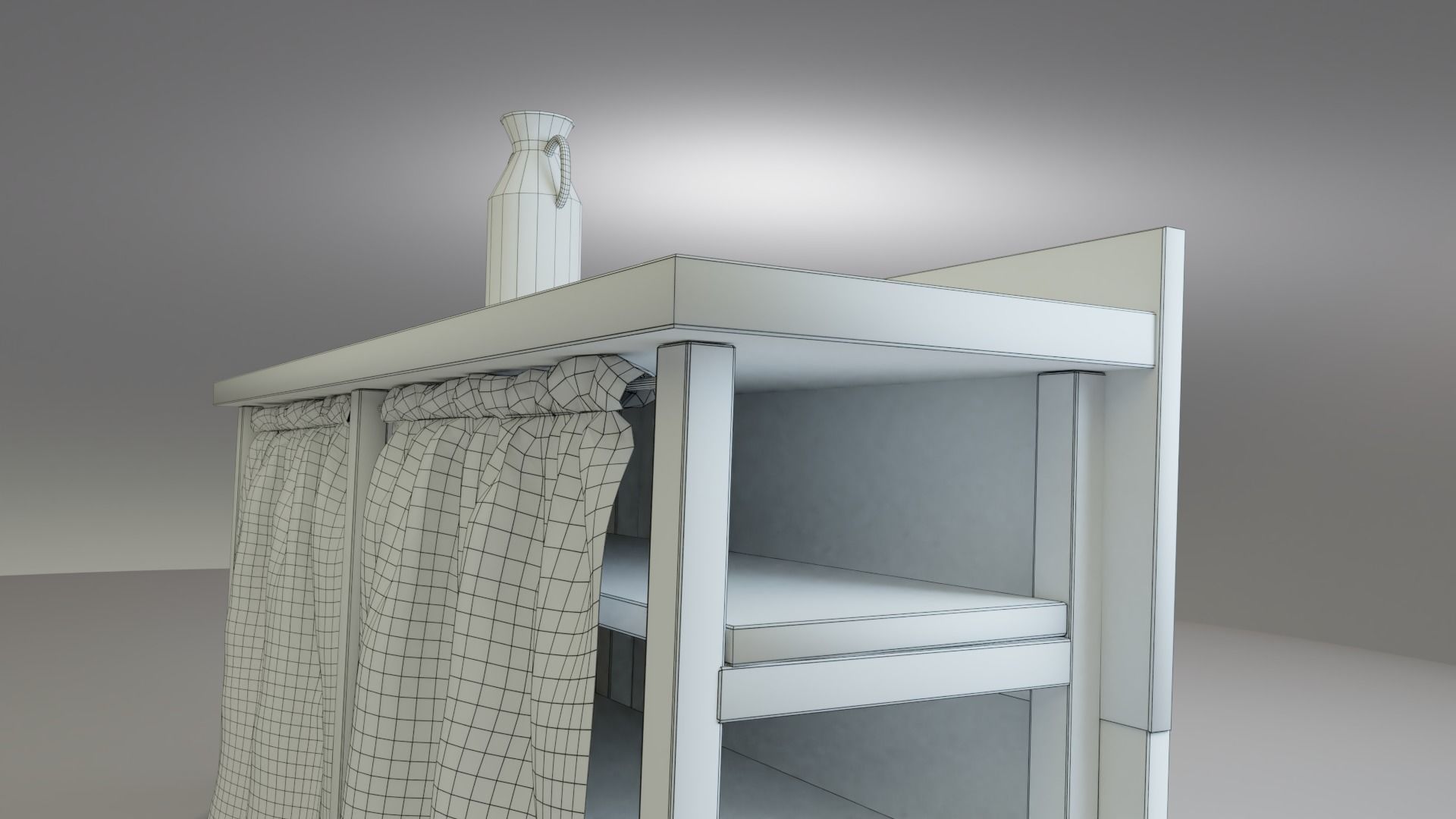 Rustic wooden counter shelves with curtain Low-poly 3D model_6