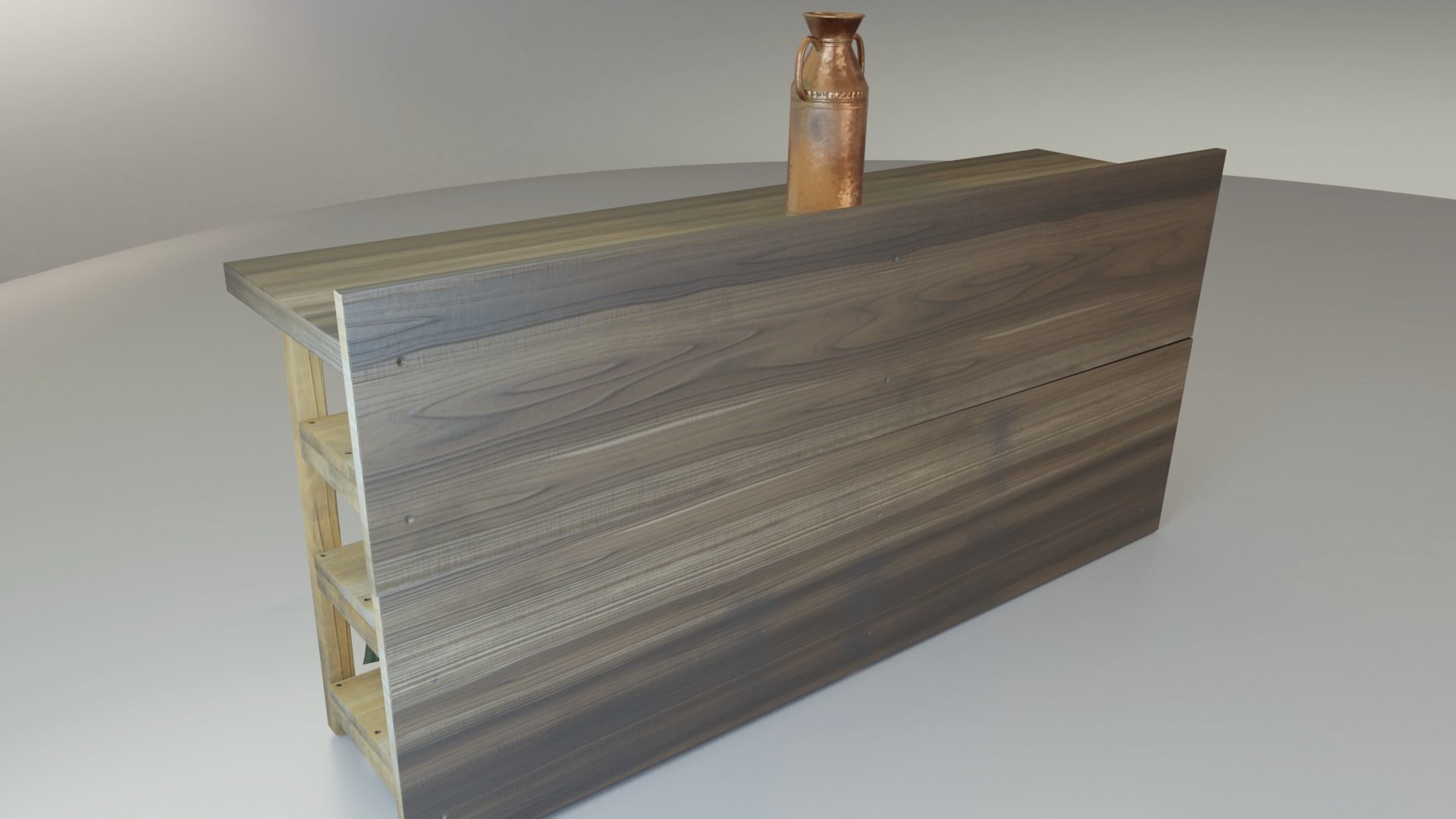 Rustic wooden counter shelves with curtain Low-poly 3D model_3