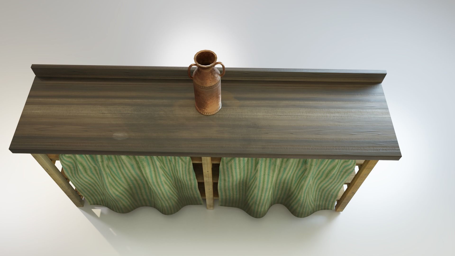 Rustic wooden counter shelves with curtain Low-poly 3D model_1