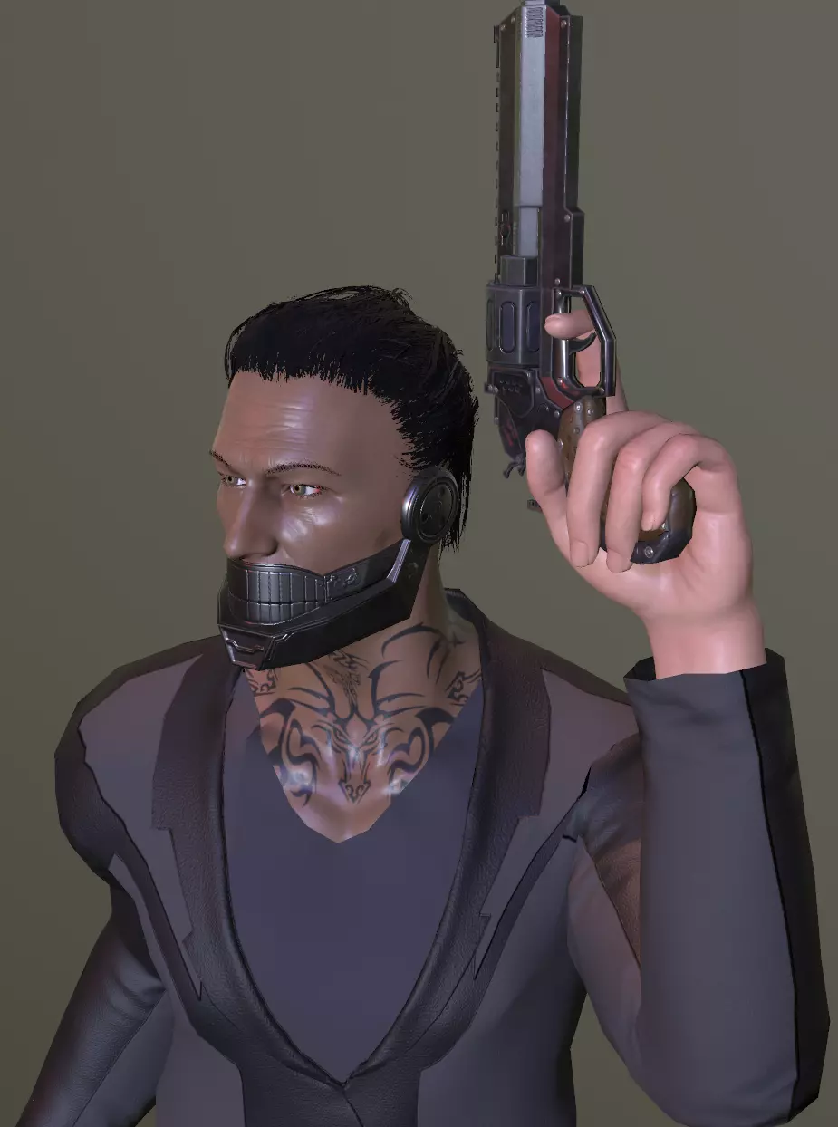 Asian sci-fi gansta Low-poly 3D model_0