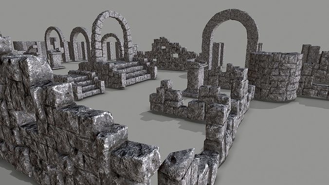 Ruin Set PBR medieval castle with stone walls and arches Low-poly 3D model