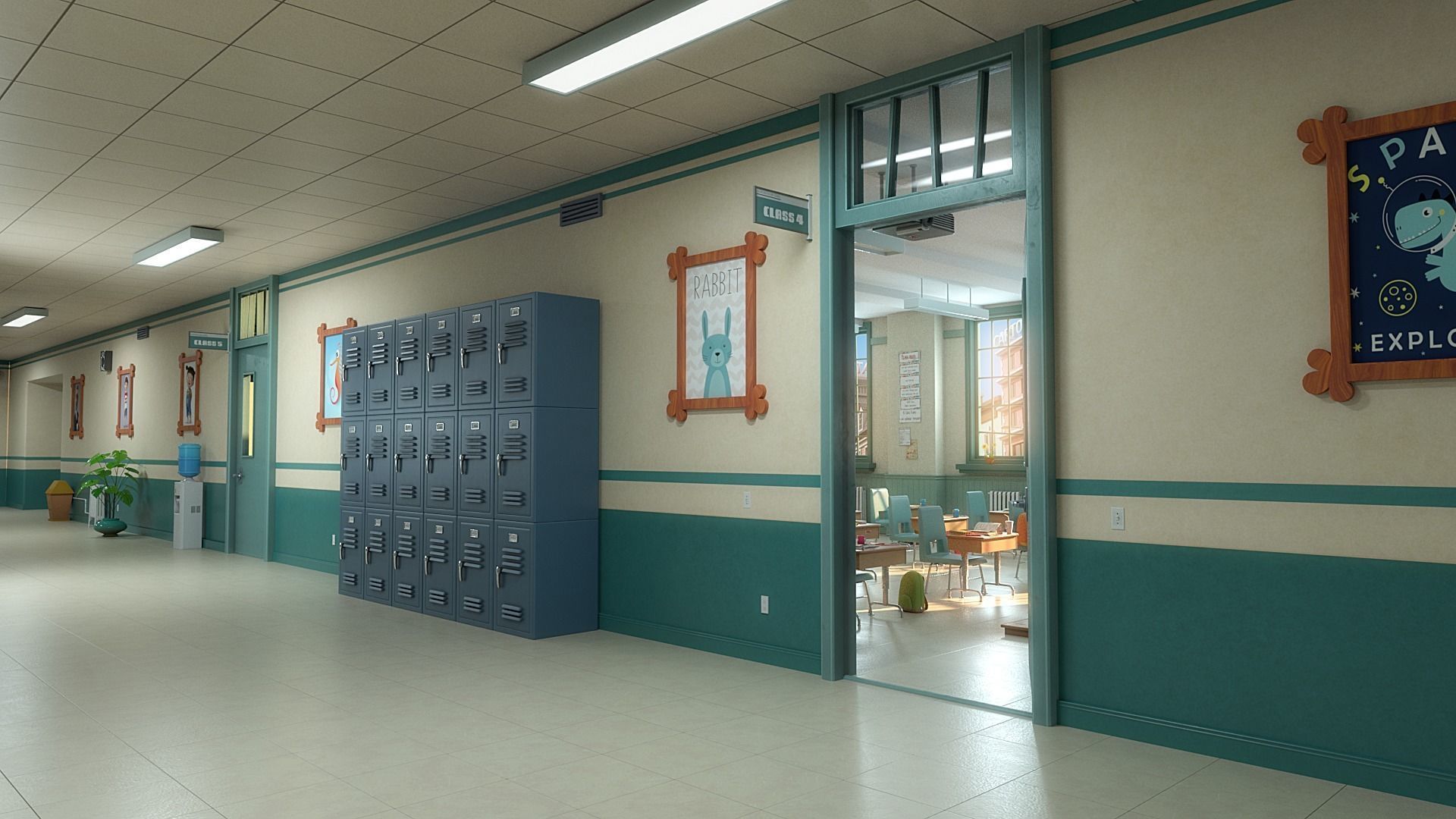 Cartoon Classroom Corridor 3D model_10