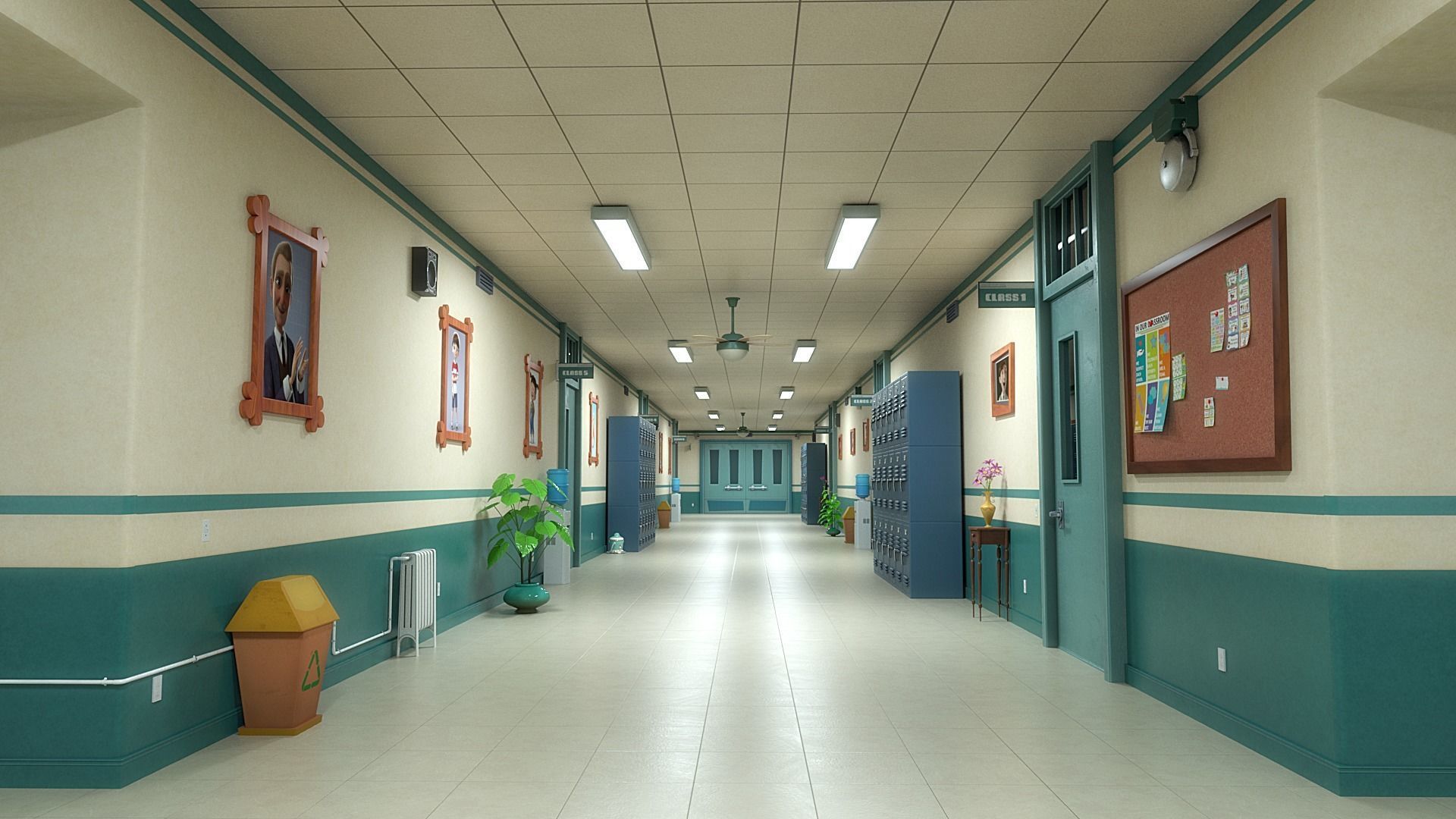Cartoon Classroom Corridor 3D model_8