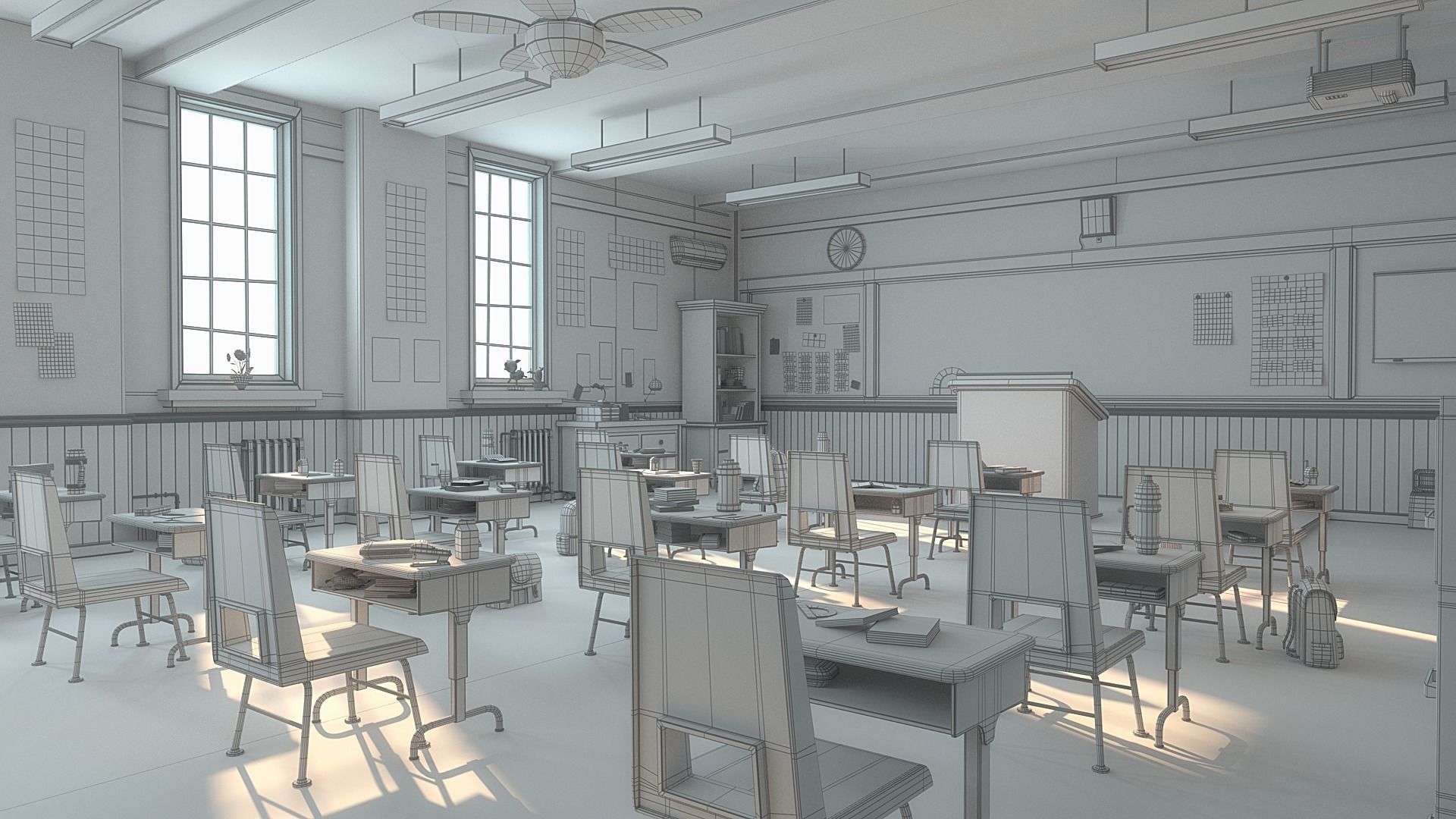 Cartoon Classroom Corridor 3D model_19