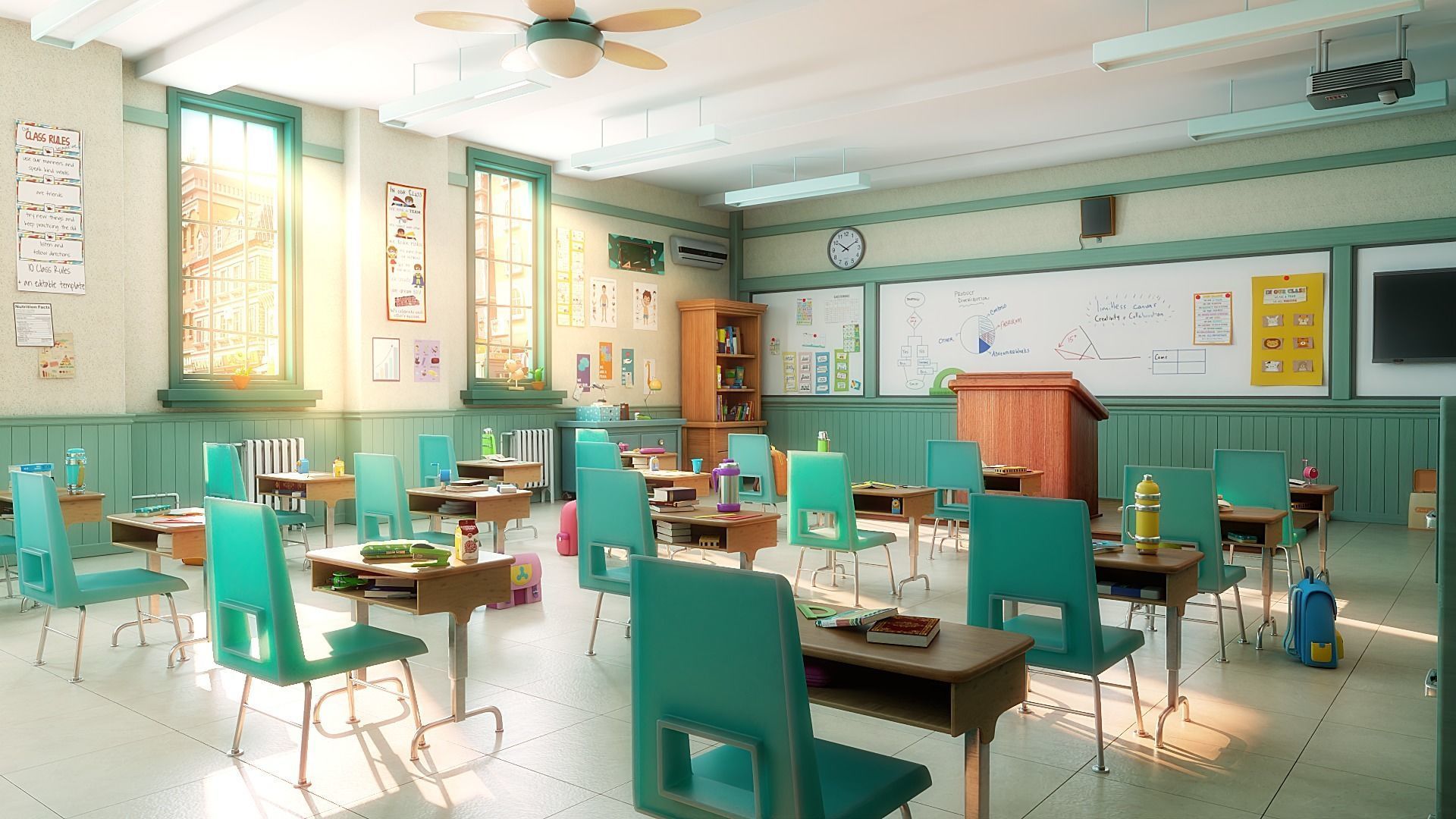 Cartoon Classroom Corridor 3D model_4