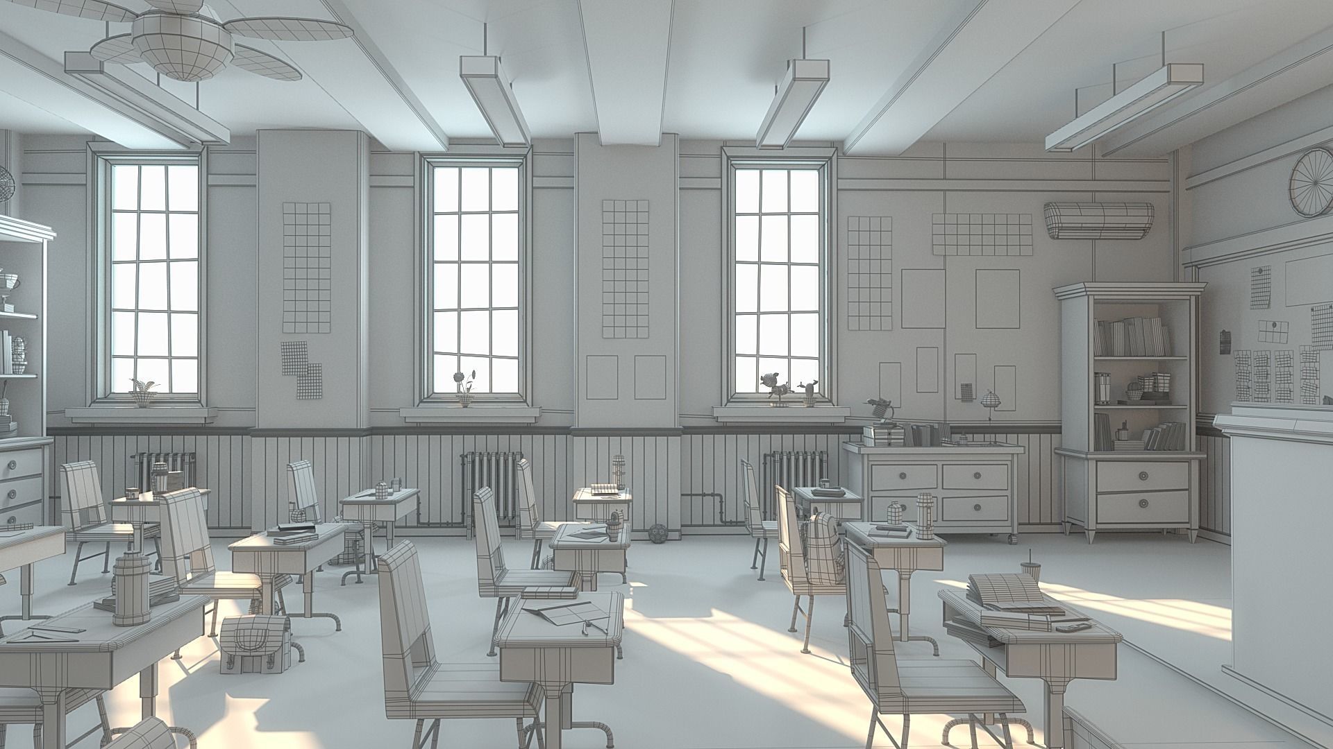 Cartoon Classroom Corridor 3D model_17