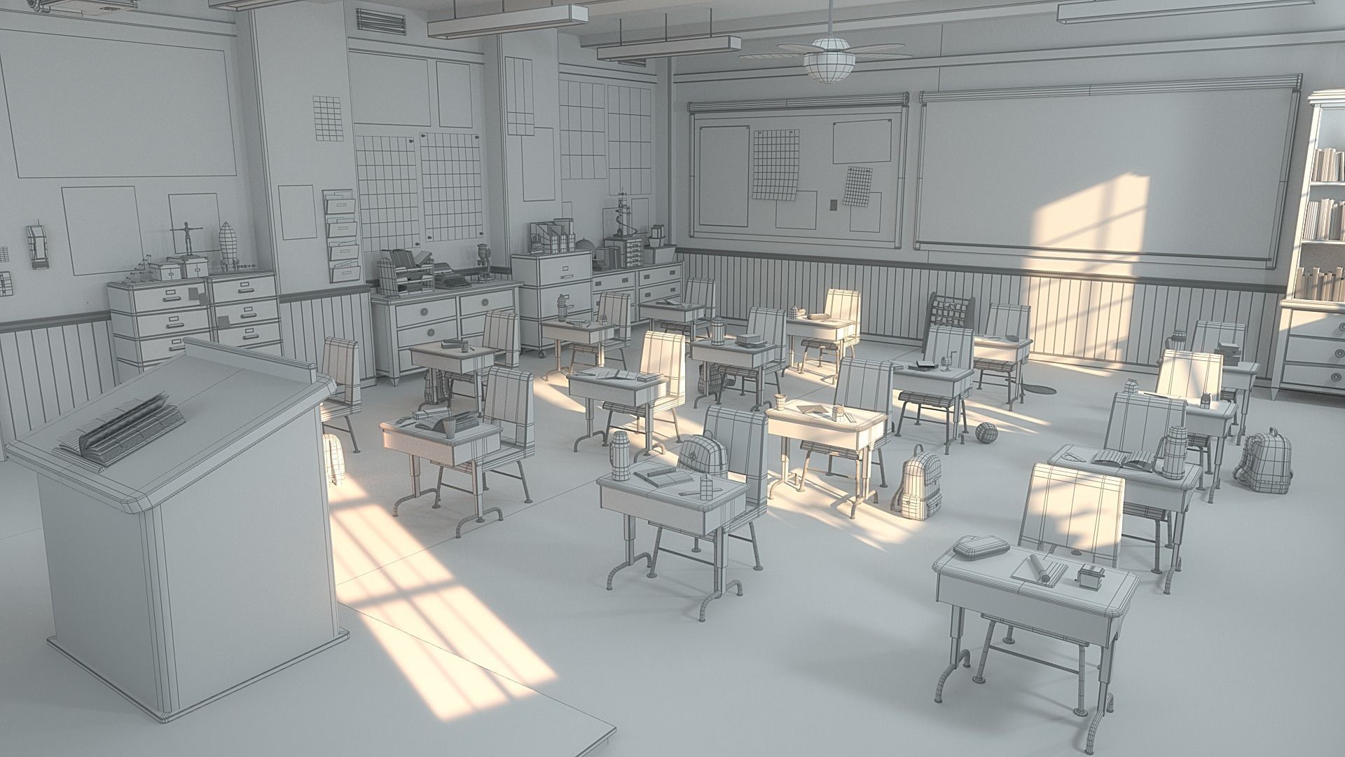 Cartoon Classroom Corridor 3D model_15