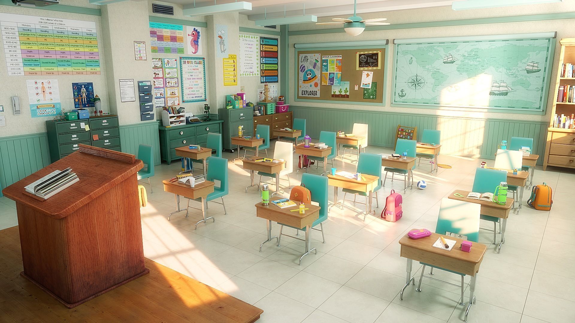 Cartoon Classroom Corridor 3D model_2