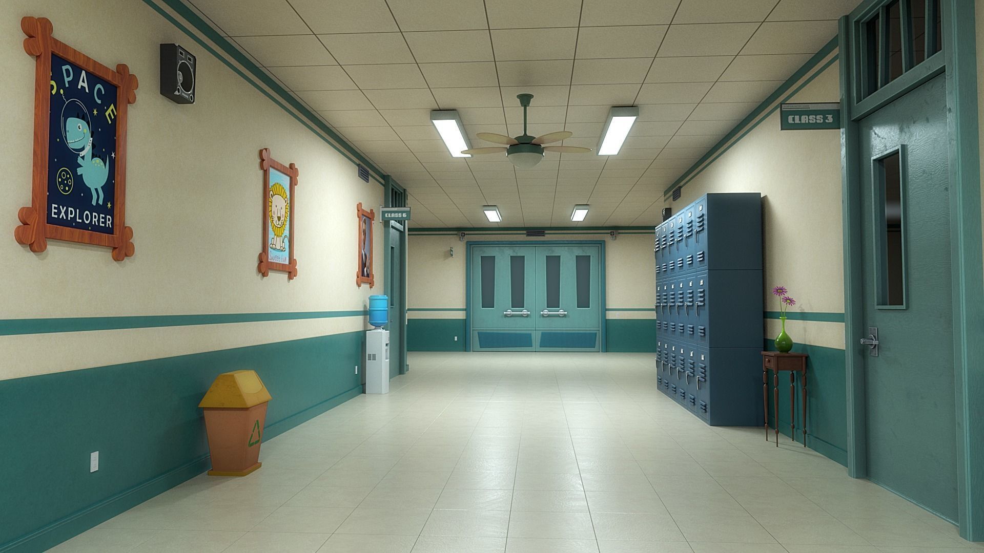 Cartoon Classroom Corridor 3D model_11