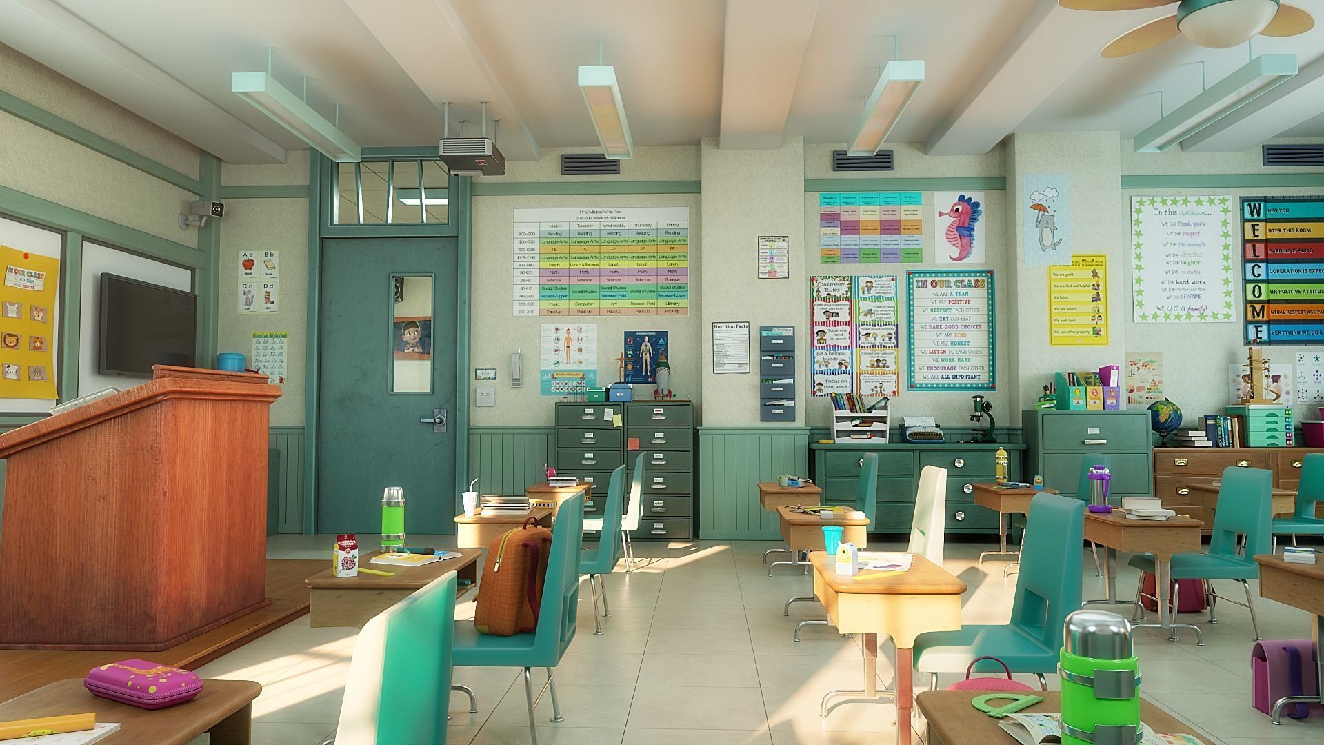 Cartoon Classroom Corridor 3D model_6