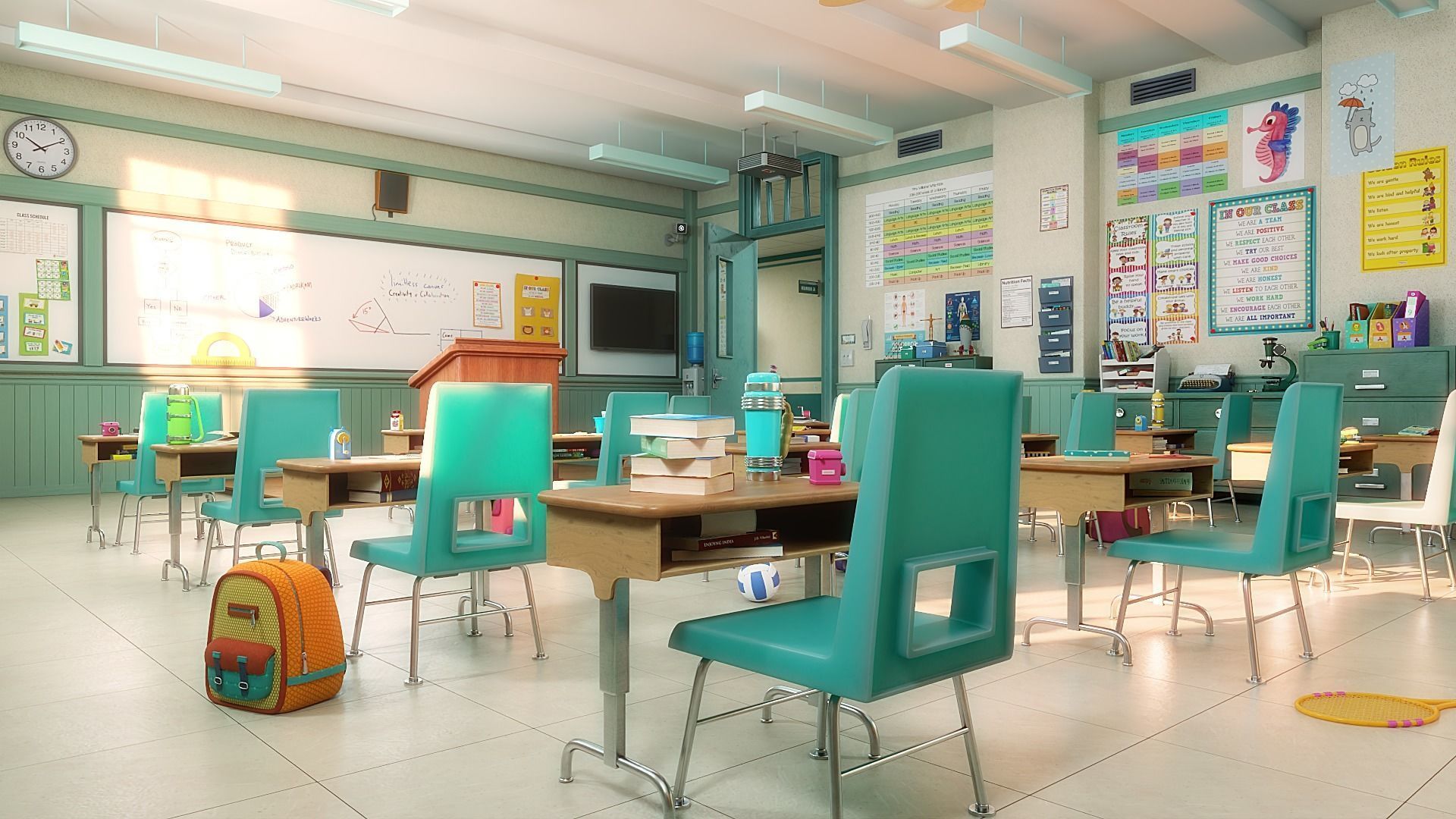 Cartoon Classroom Corridor 3D model_3