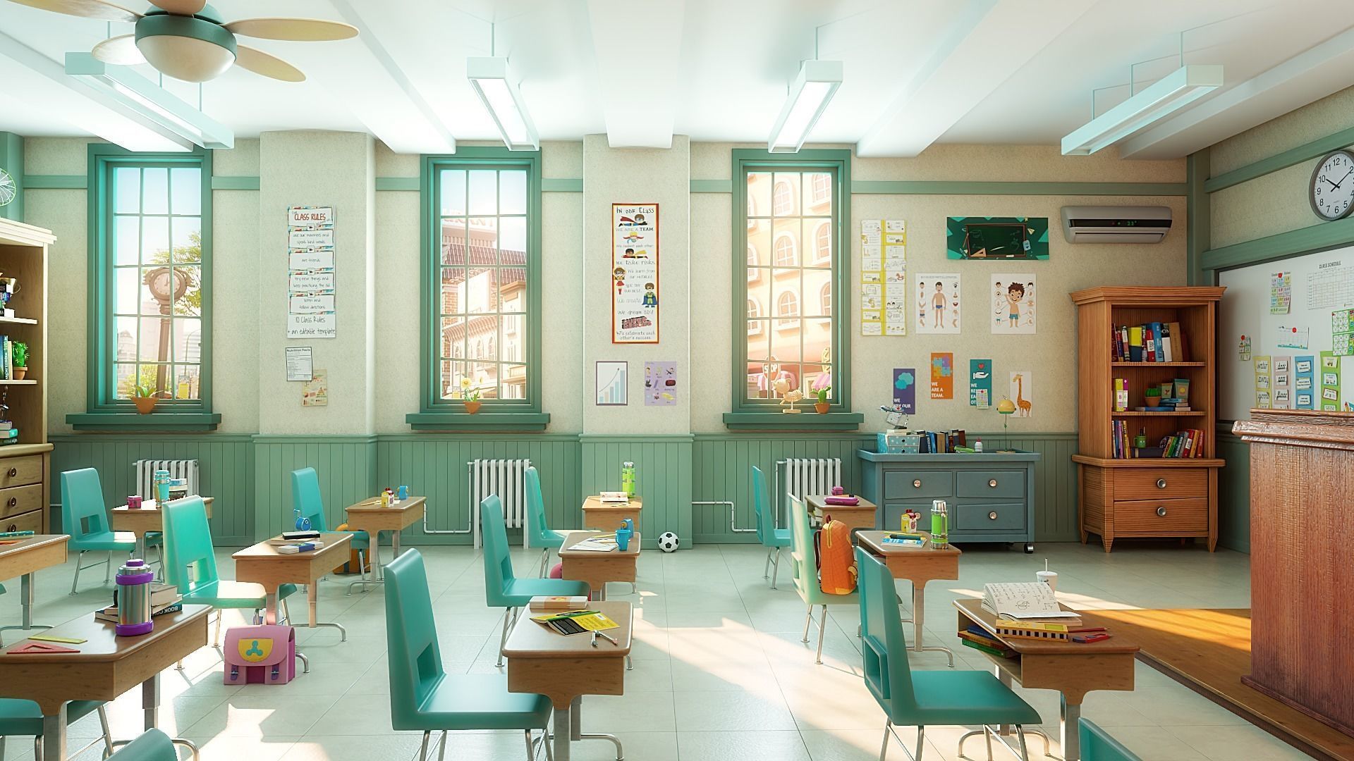 Cartoon Classroom Corridor 3D model_7