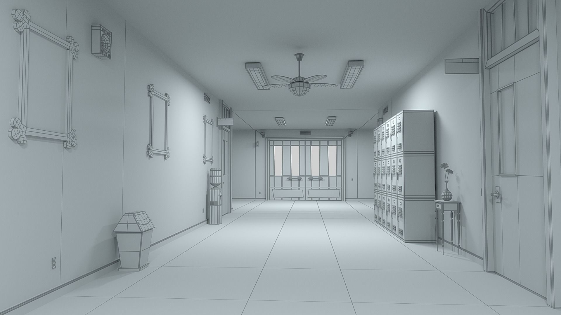 Cartoon Classroom Corridor 3D model_22