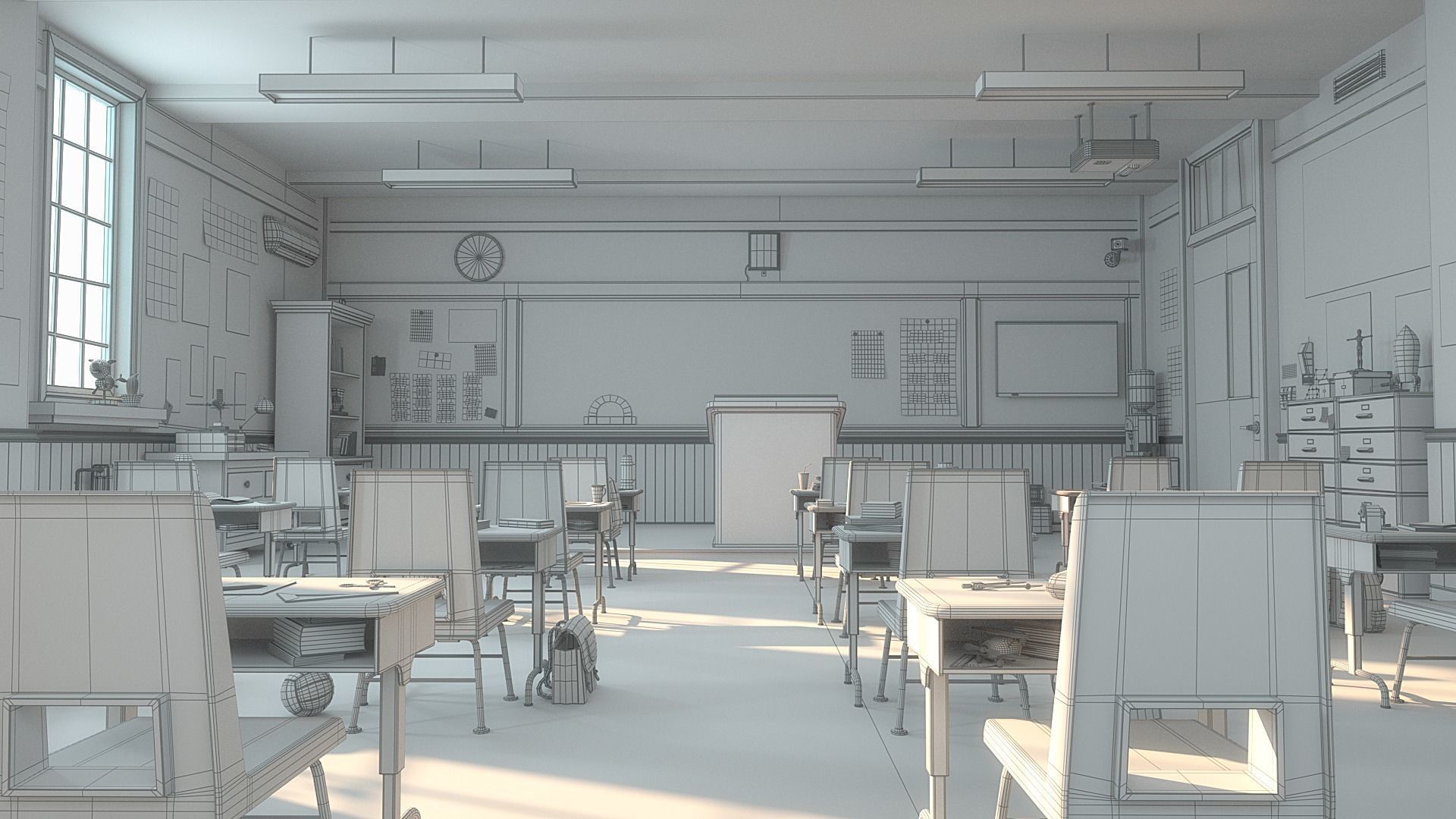 Cartoon Classroom Corridor 3D model_13