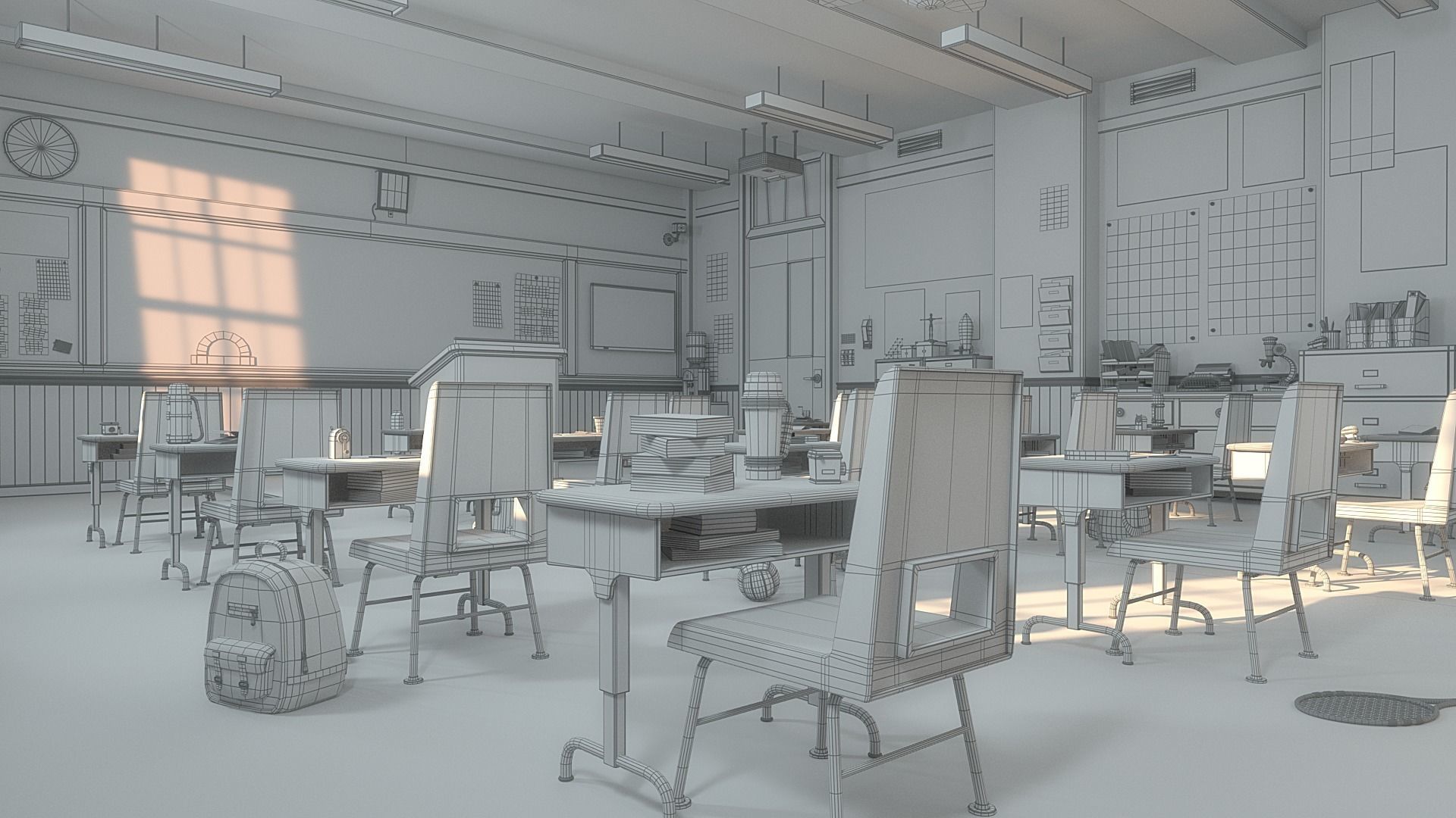 Cartoon Classroom Corridor 3D model_18