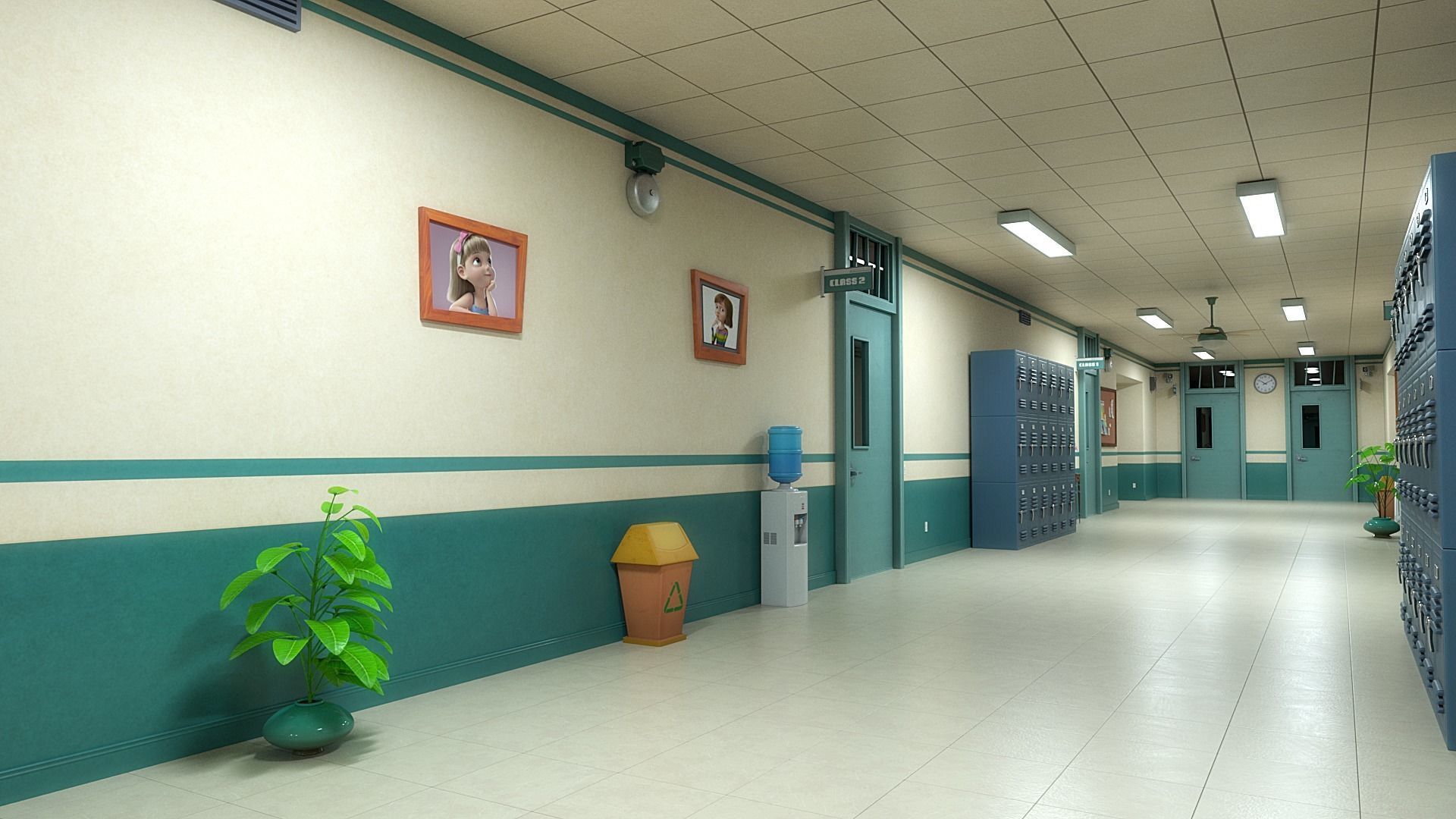 Cartoon Classroom Corridor 3D model_12