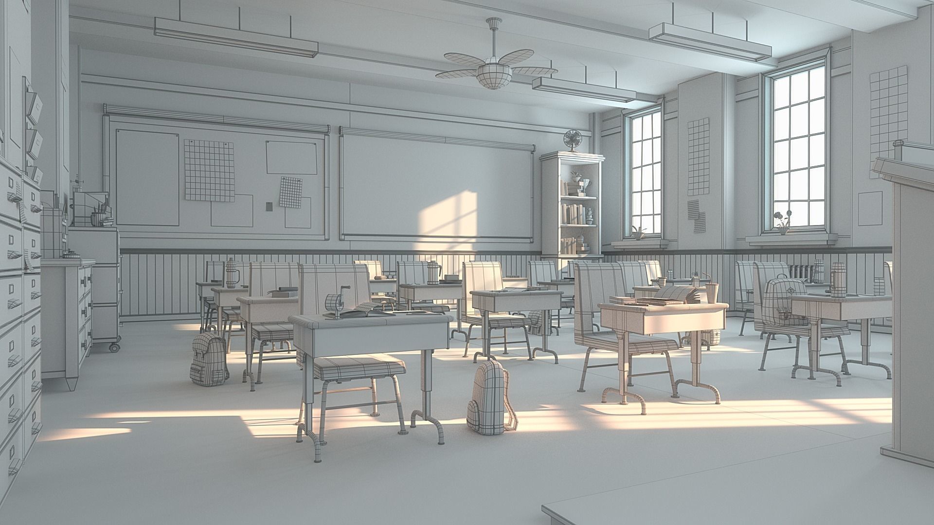 Cartoon Classroom Corridor 3D model_16