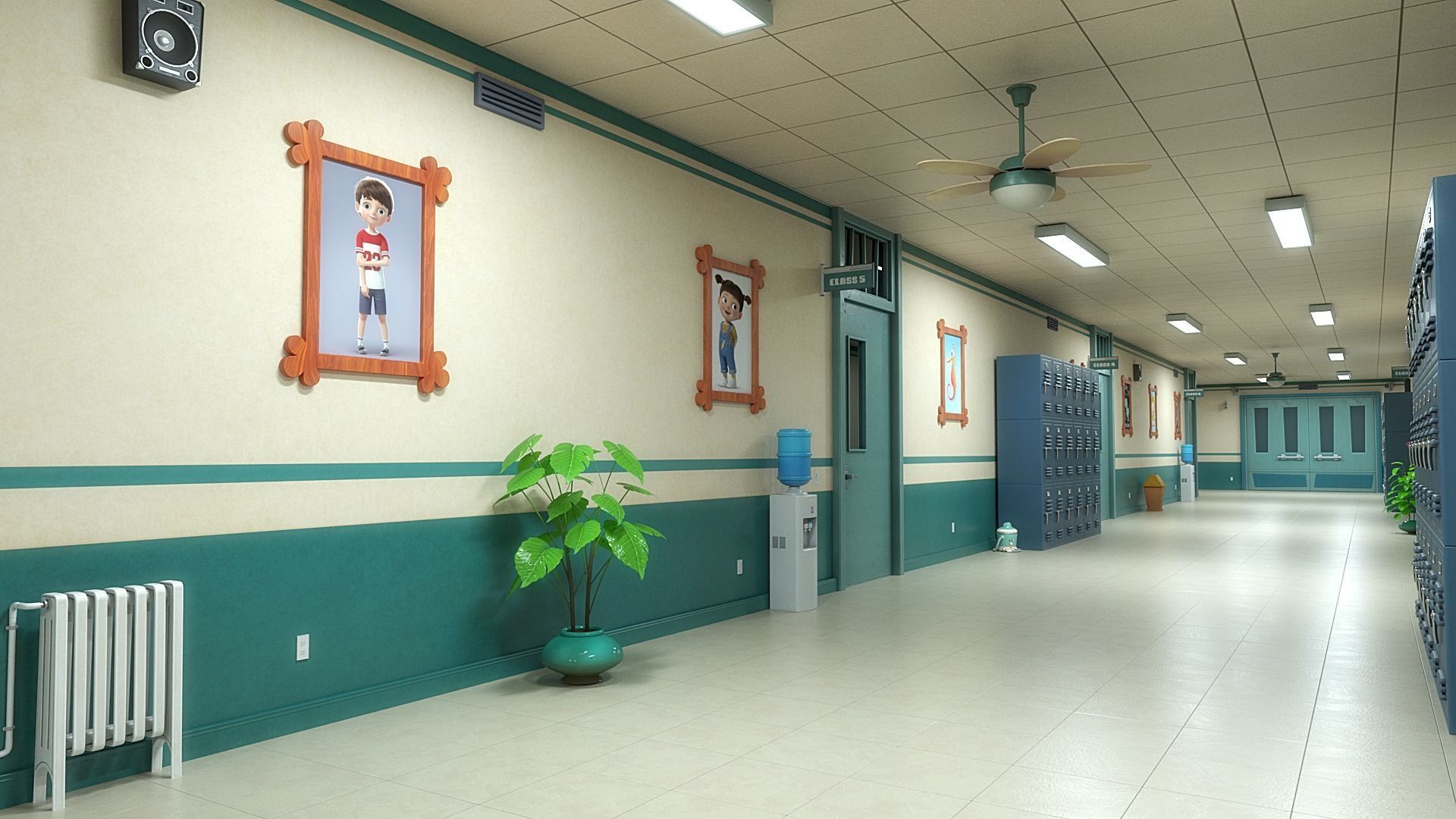 Cartoon Classroom Corridor 3D model_9