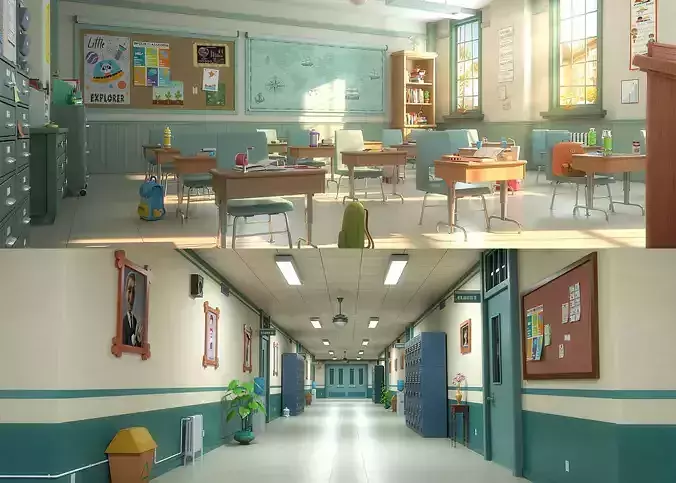 Cartoon Classroom Corridor  3D model