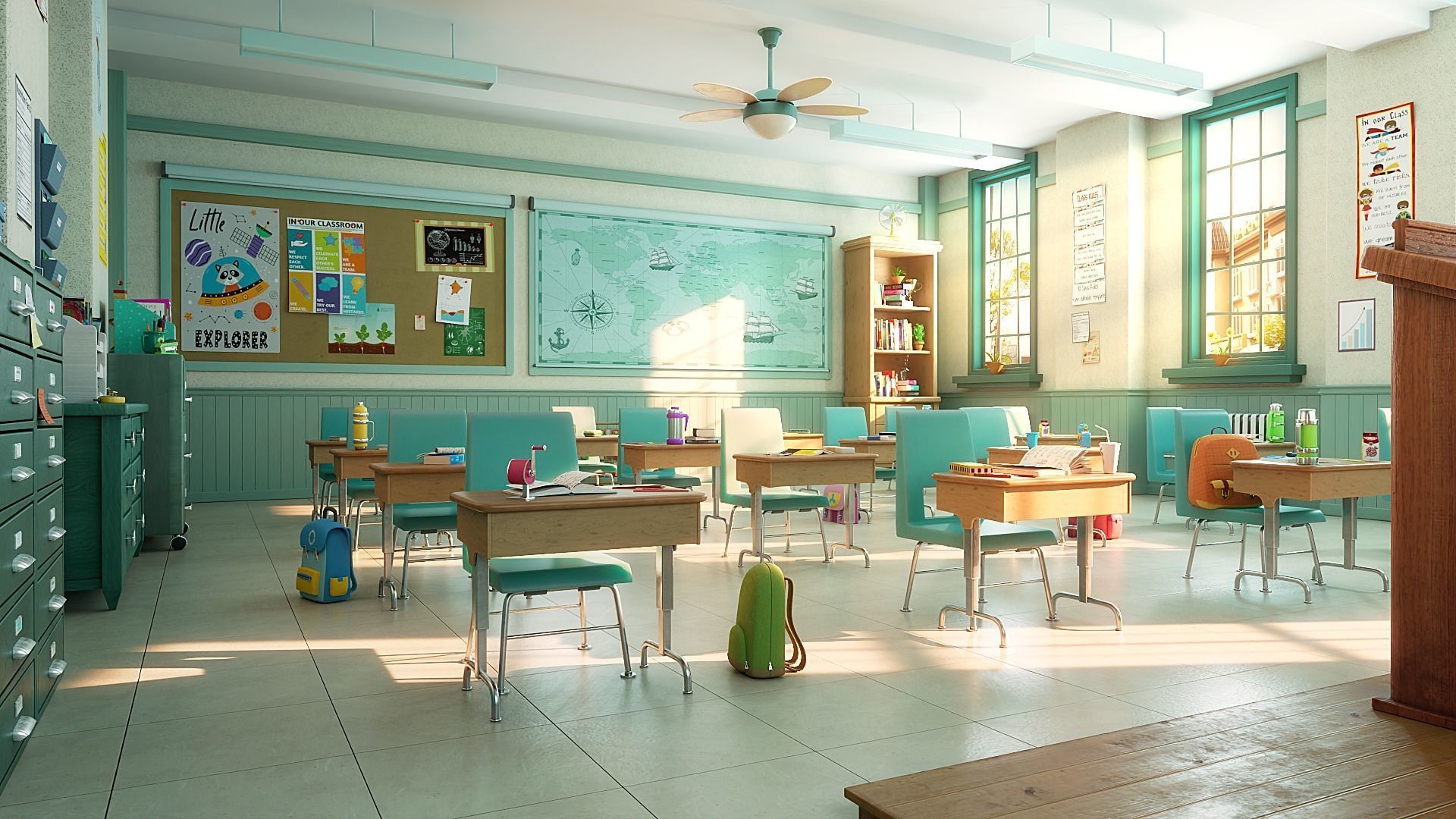 Cartoon Classroom Corridor 3D model_1