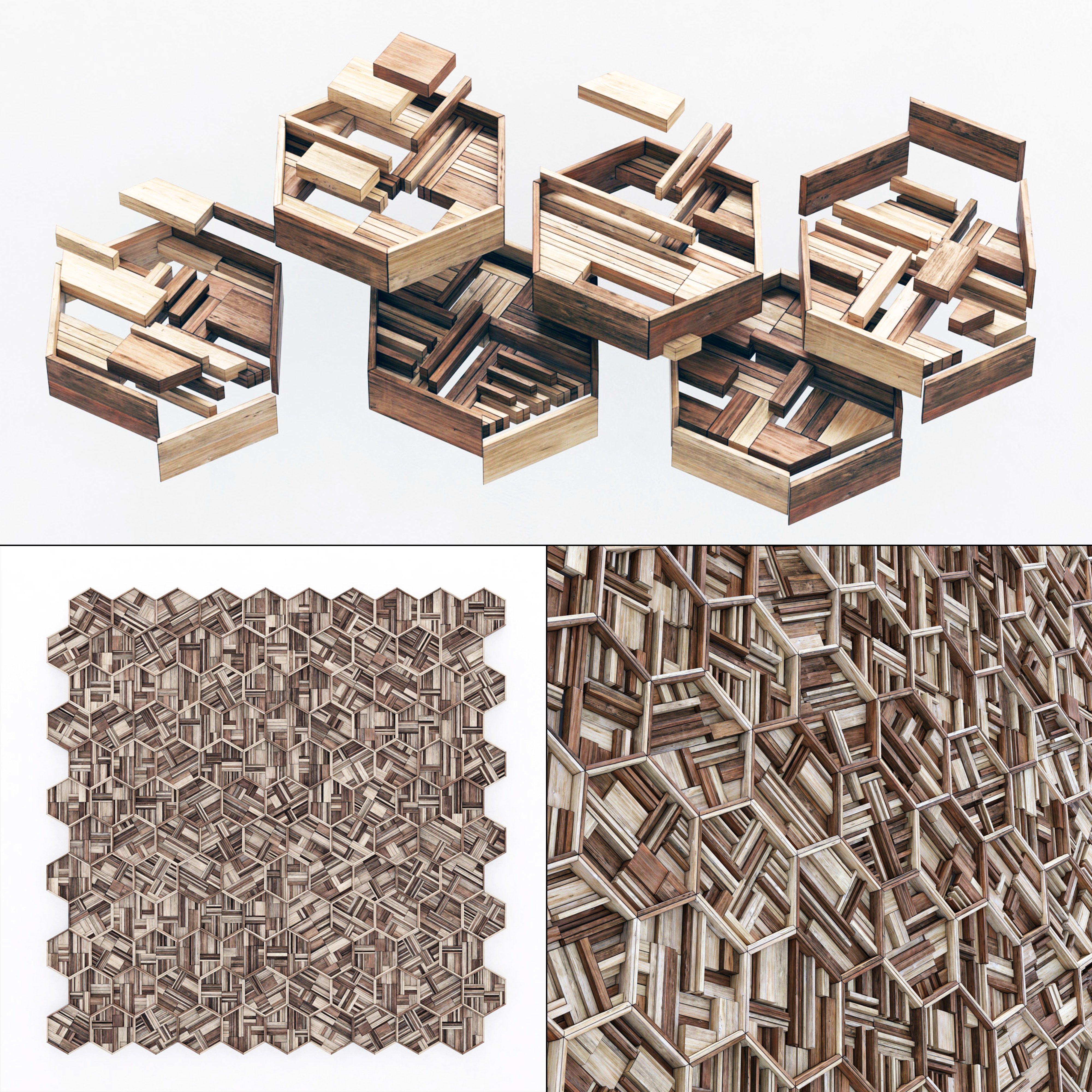 Hexagon panel wood rail frame n2 3D model_1