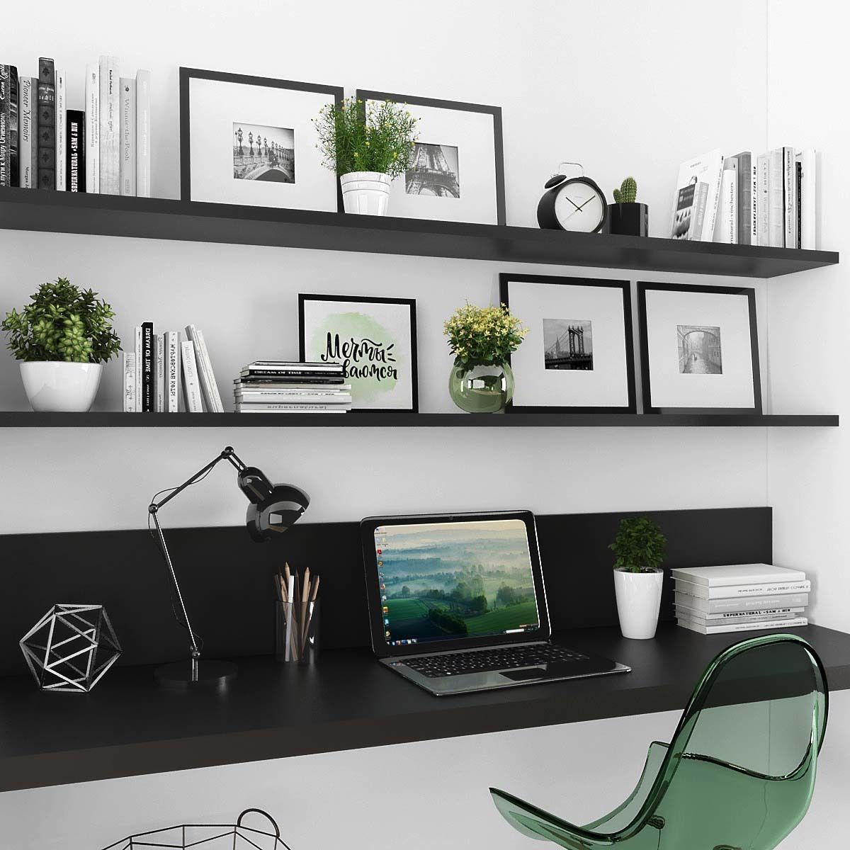Workplace home office with shelves and chair Low-poly 3D model_1