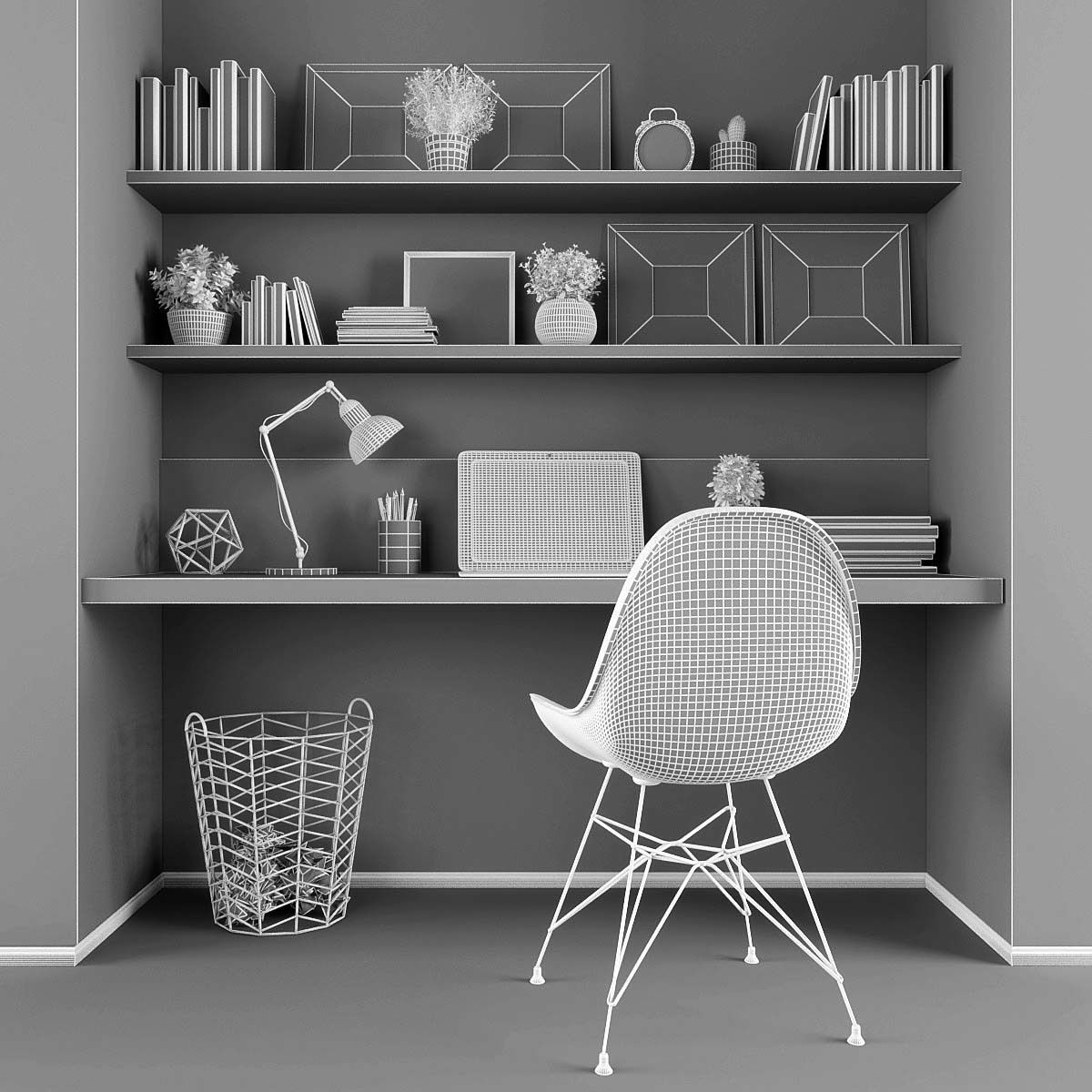 Workplace home office with shelves and chair Low-poly 3D model_2