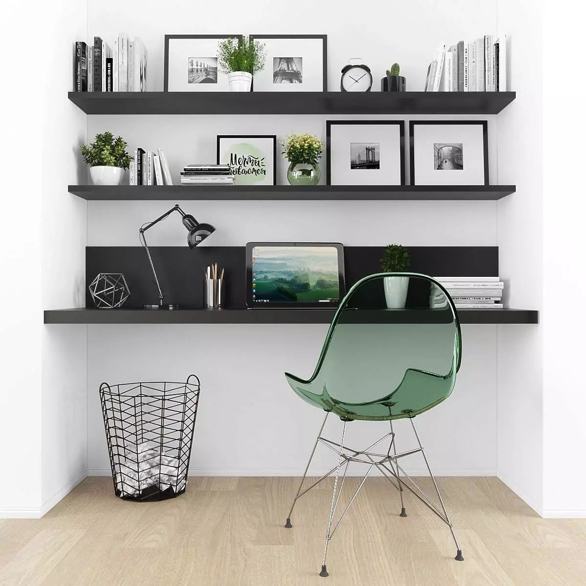 Workplace home office with shelves and chair Low-poly 3D model_0