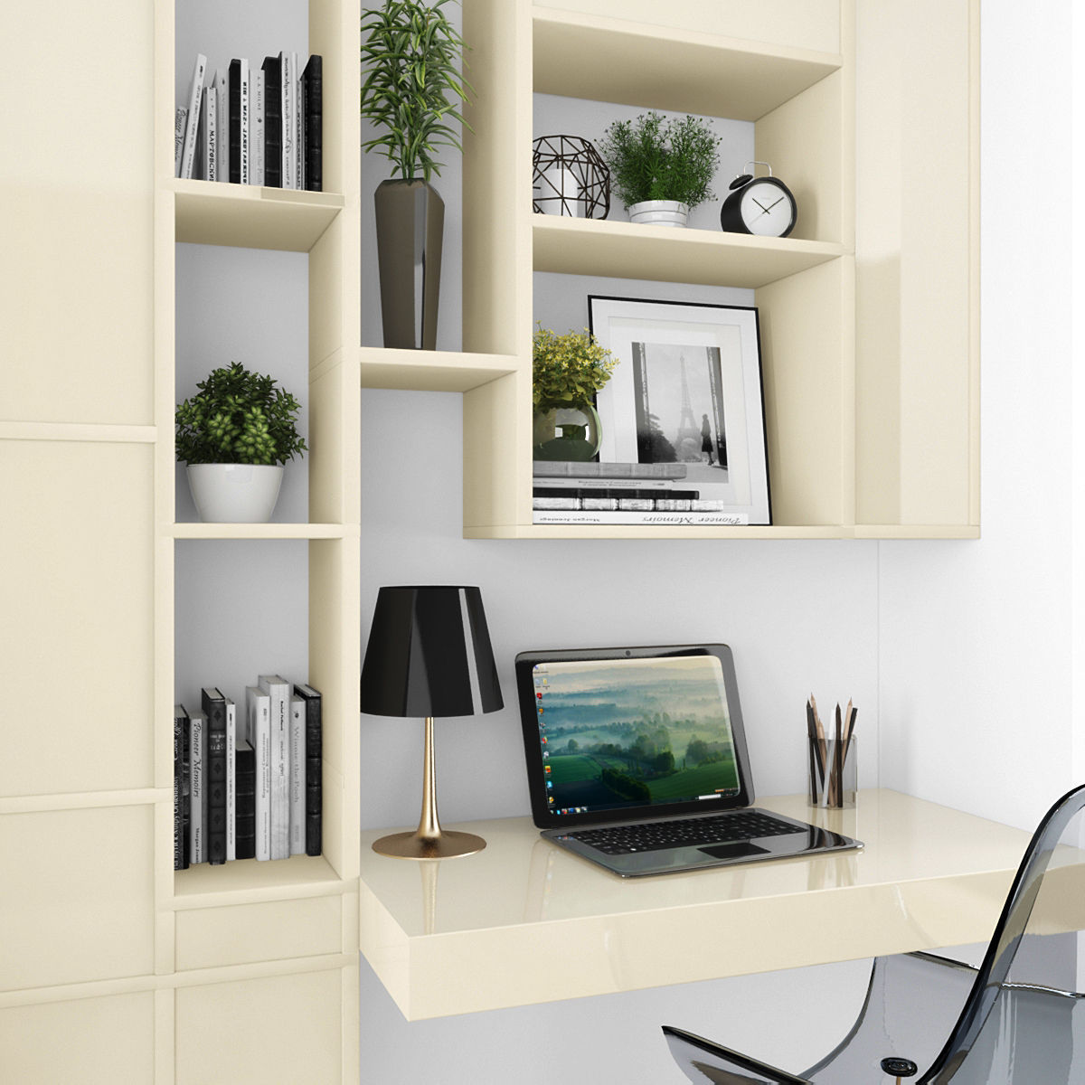 Workplace home office with shelves and chair Low-poly 3D model_1