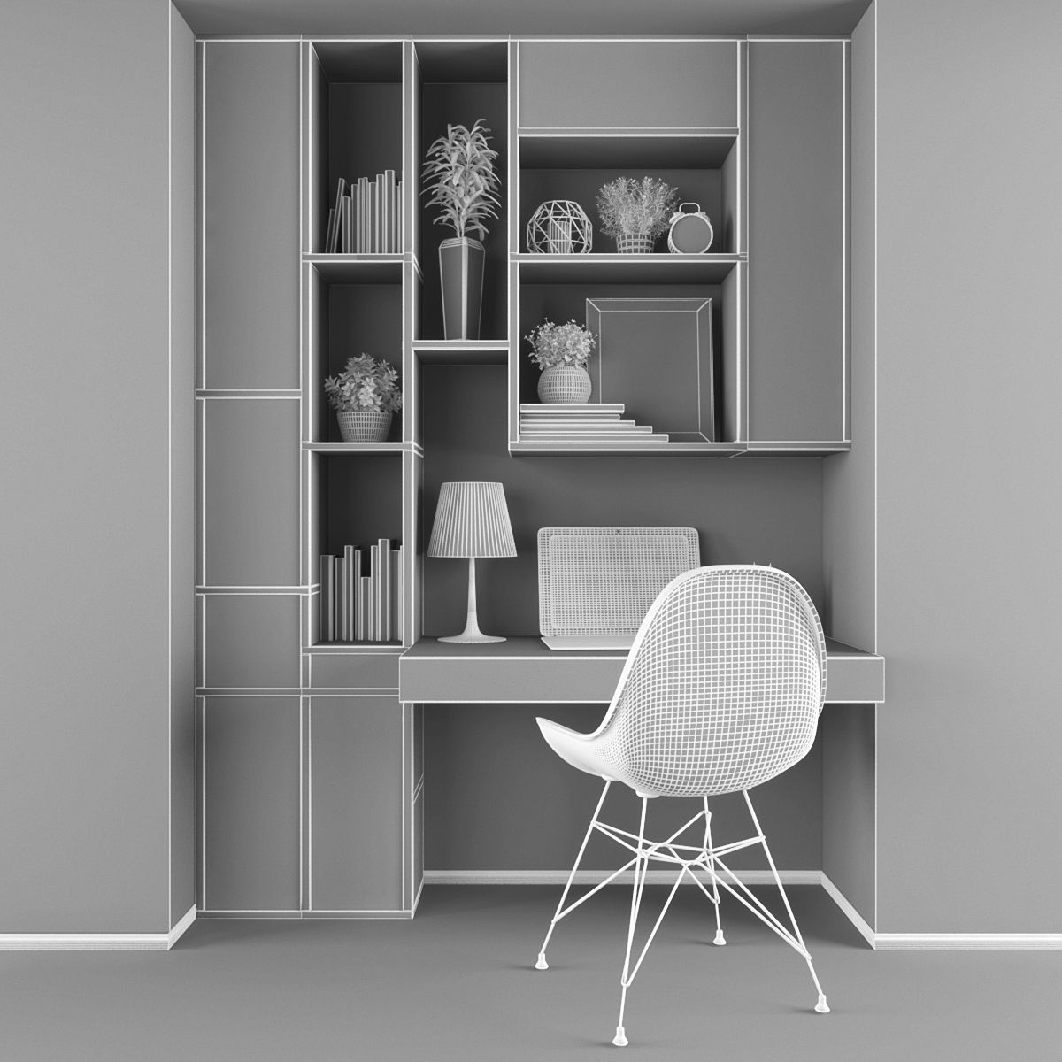 Workplace home office with shelves and chair Low-poly 3D model_2