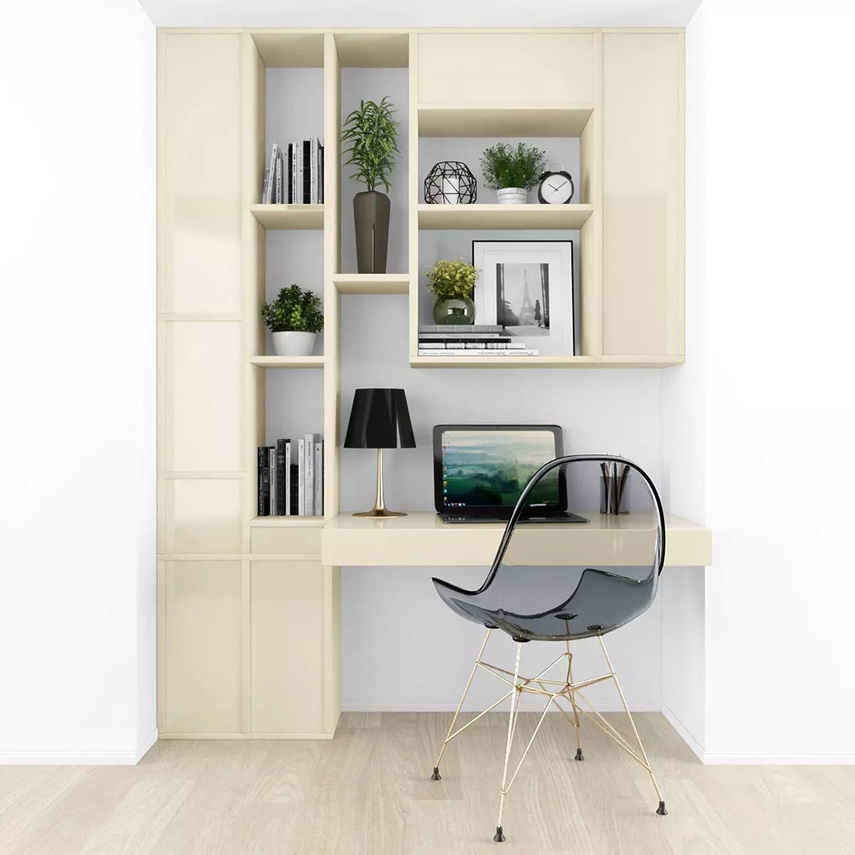 Workplace home office with shelves and chair Low-poly 3D model_0