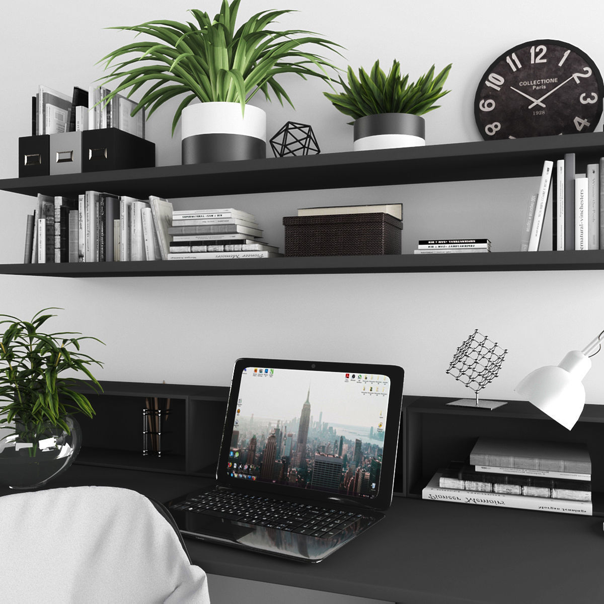 Workplace desk with chair and bookshelves Low-poly 3D model_1