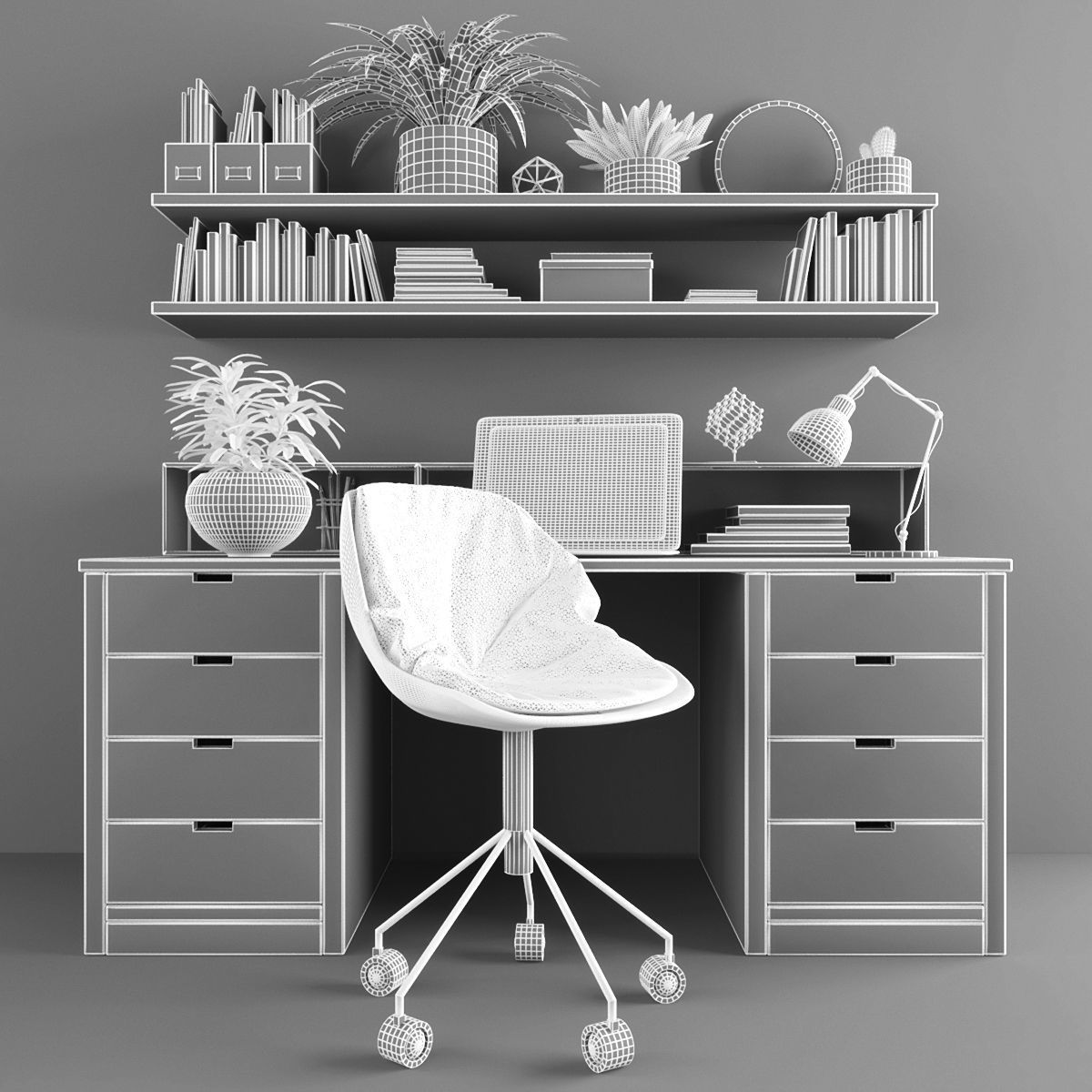 Workplace desk with chair and bookshelves Low-poly 3D model_2