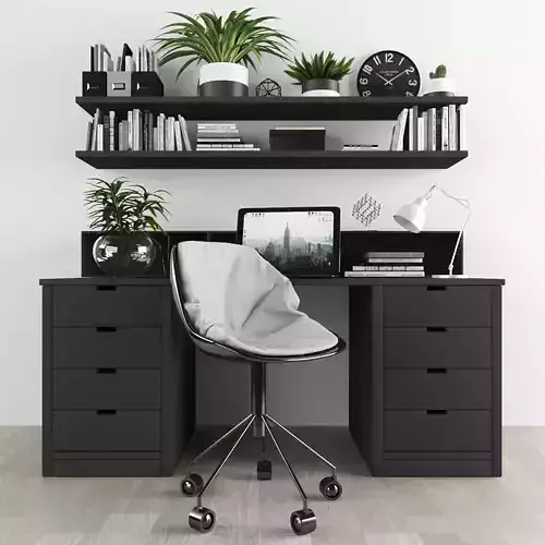 Workplace desk with chair and bookshelves Low-poly 3D model