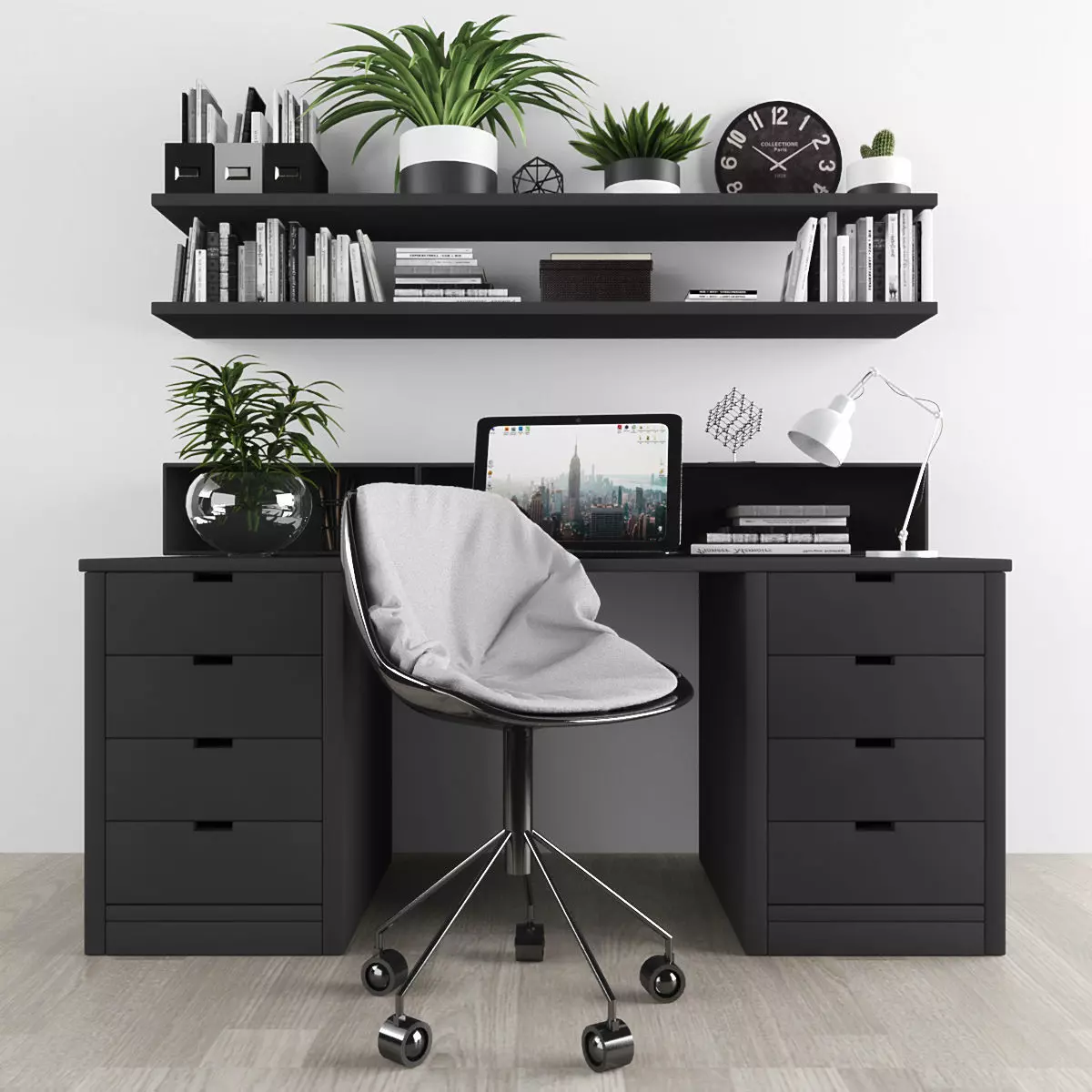 Workplace desk with chair and bookshelves Low-poly 3D model_0