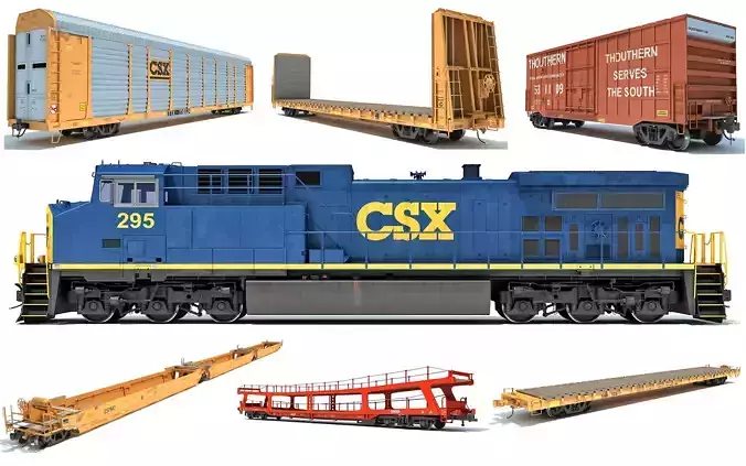 Freight Train Locomotive Railroad Cars 3D Model Collection