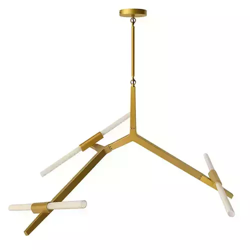 Light gold chandelier with two wooden rods hanging from it