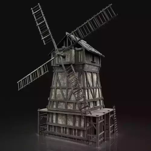 ENTERABLE AAA NEXT GEN MEDIEVAL CITY TOWN GRANARY WINDMILL SILO Low-poly 3D model