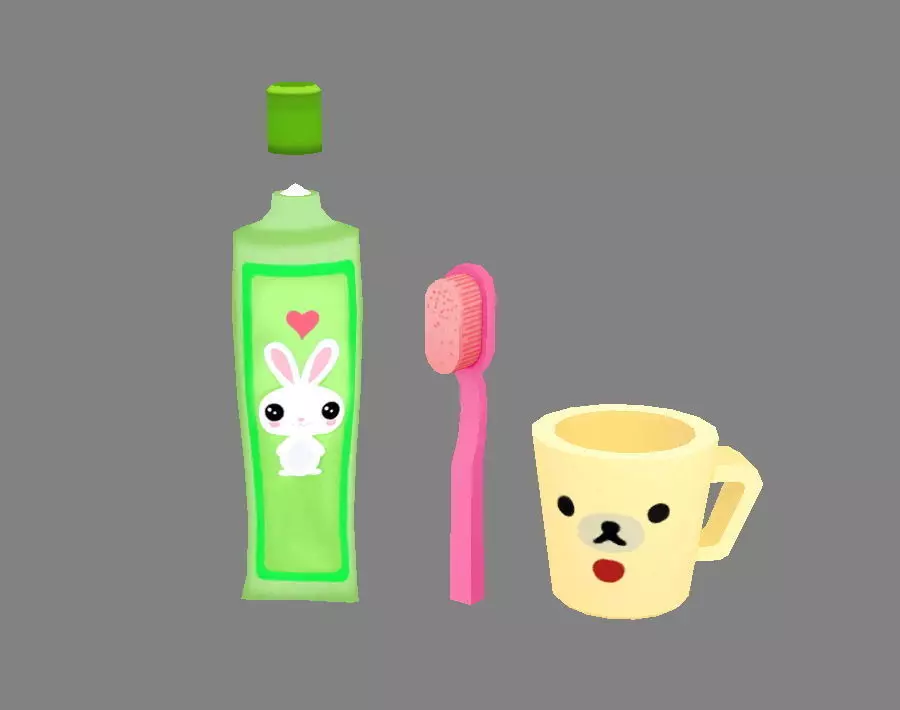 Cartoon toothpaste - toothbrush - water cup Low-poly 3D model