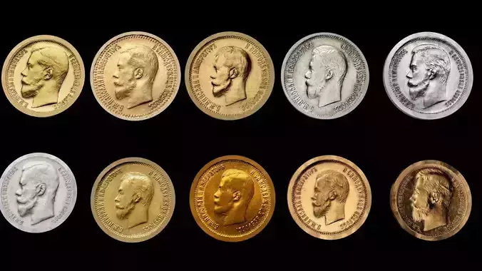 Set of coins of Nicholas II Low-poly 3D model