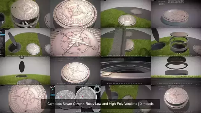 Compass Sewer Cover 4 Rusty Low and High-Poly Versions 3D Model Collection