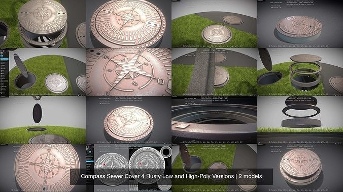 Compass Sewer Cover 4 Rusty Low and High-Poly Versions 3D Model Collection