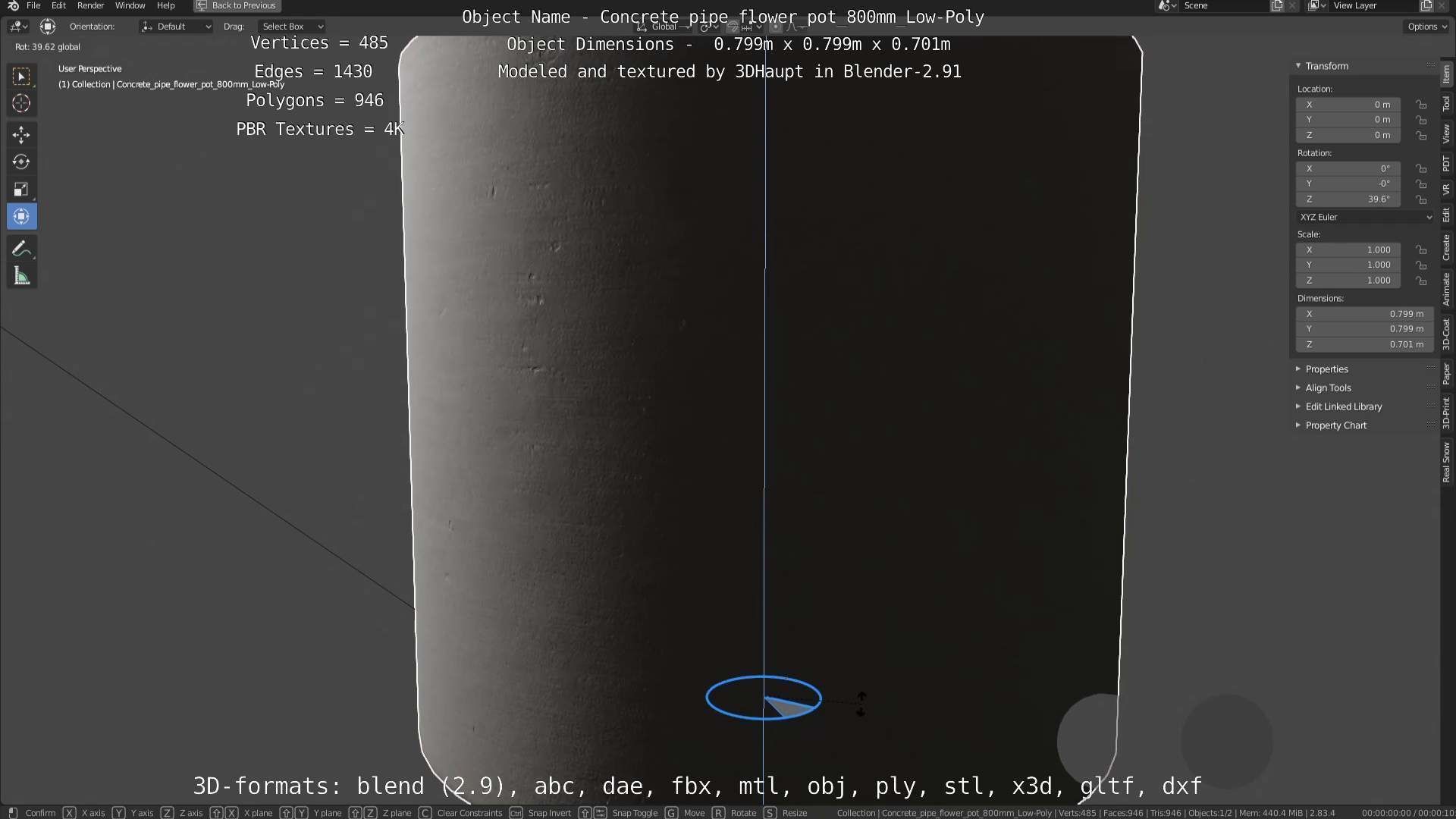 Concrete Pipe Flower Pot 800mm Low-Poly Low-poly 3D model_119