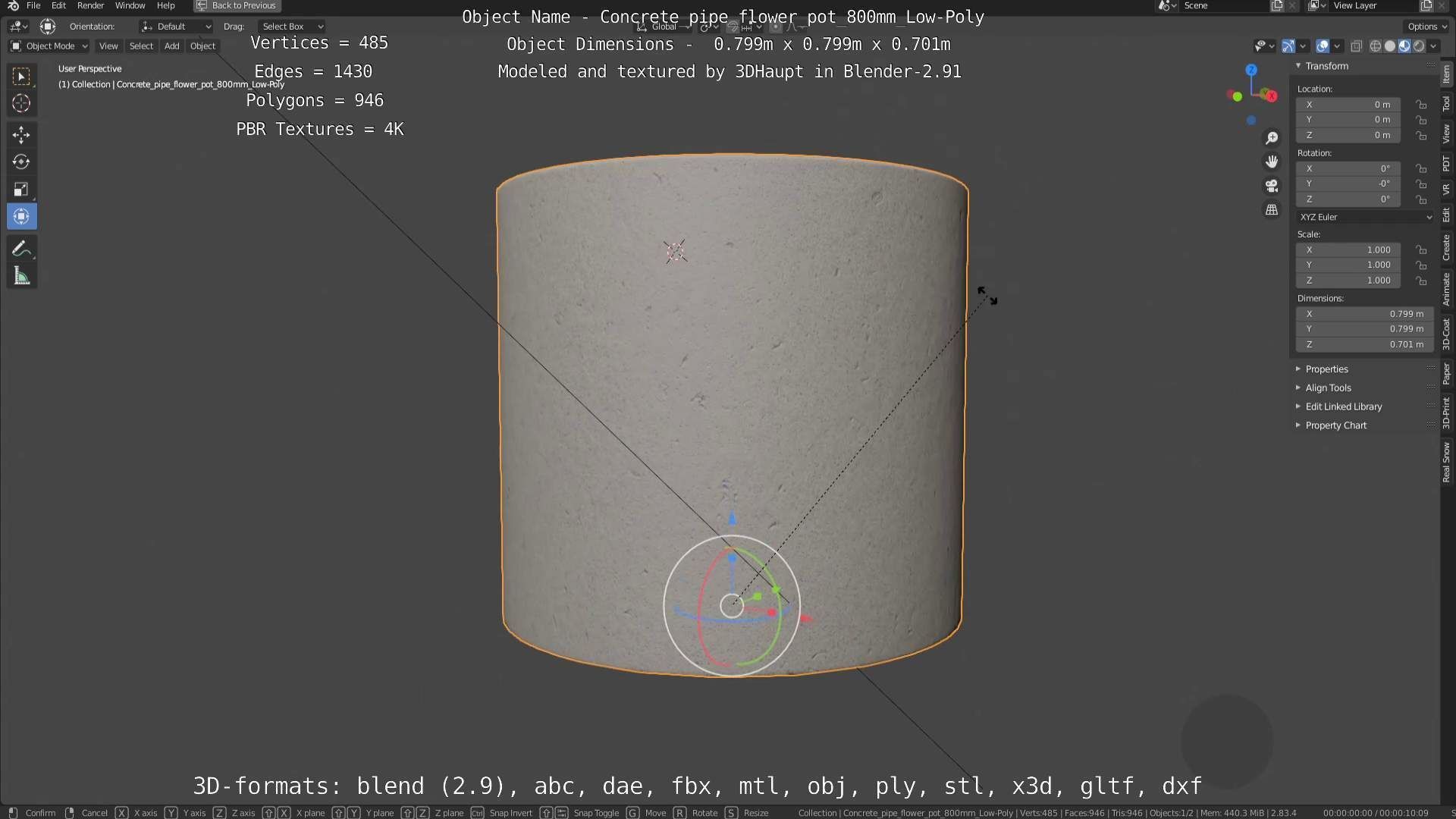 Concrete Pipe Flower Pot 800mm Low-Poly Low-poly 3D model_105