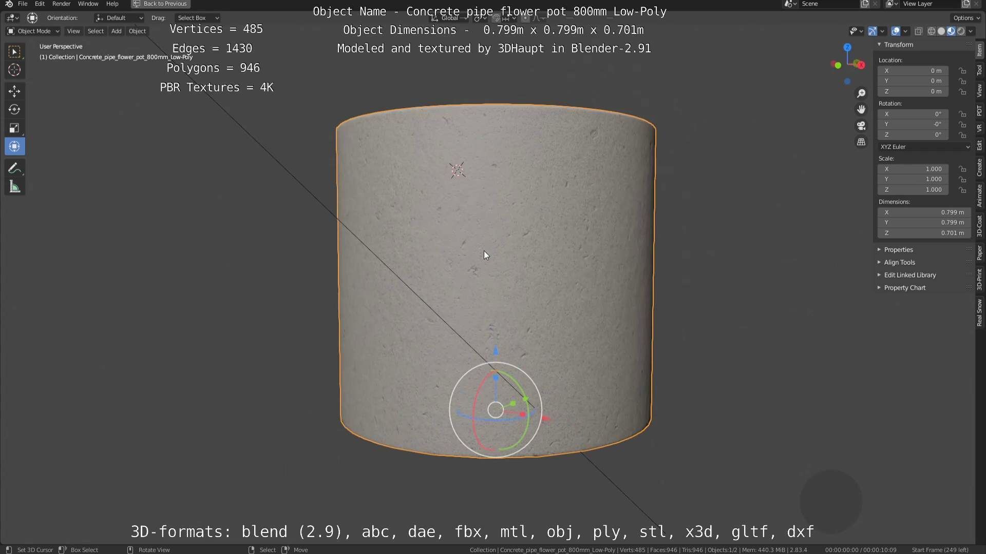 Concrete Pipe Flower Pot 800mm Low-Poly Low-poly 3D model_104