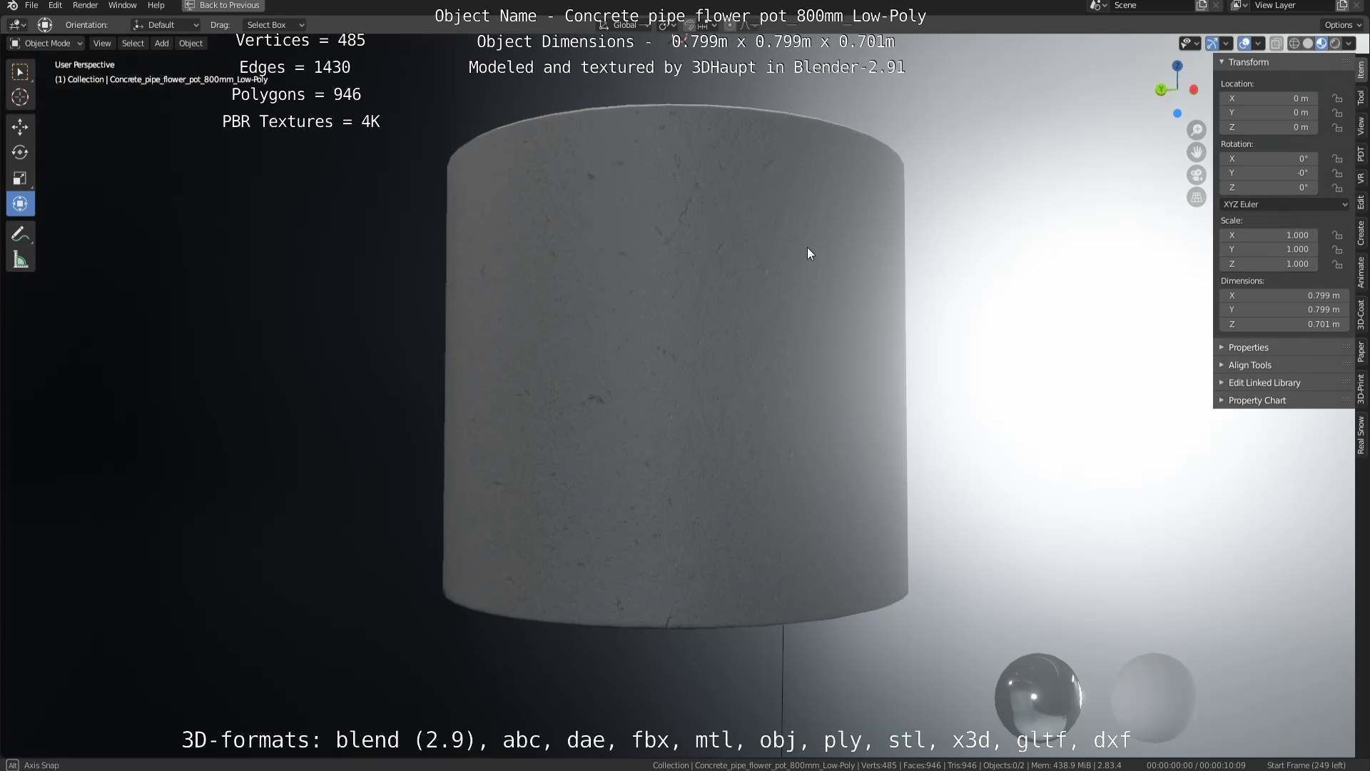 Concrete Pipe Flower Pot 800mm Low-Poly Low-poly 3D model_62